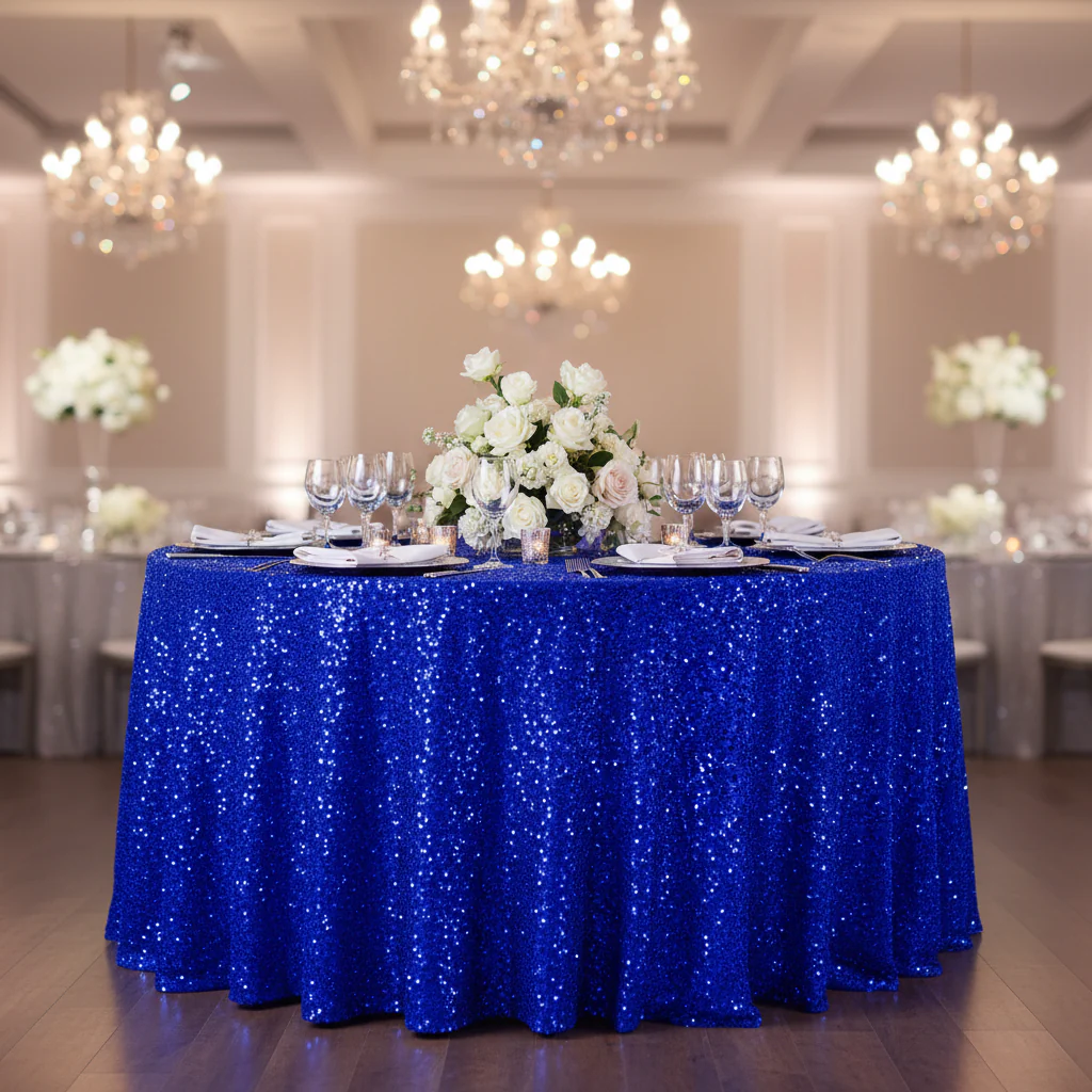 Sequin Velvet 120" Round Tablecloth - Royal Blue - Image 2