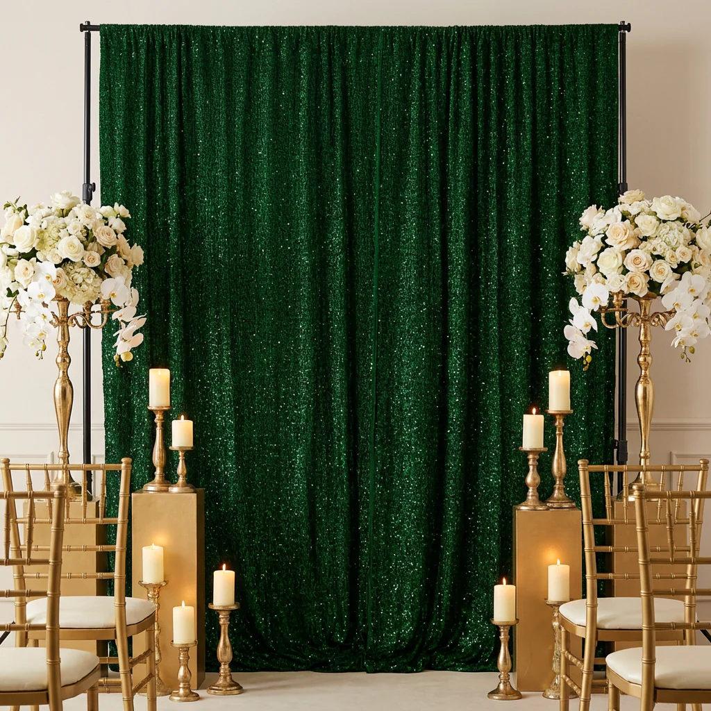 Sequin Velvet 12ft H x 52" W Drape/Backdrop Curtain Panel - Emerald Green - Image 2