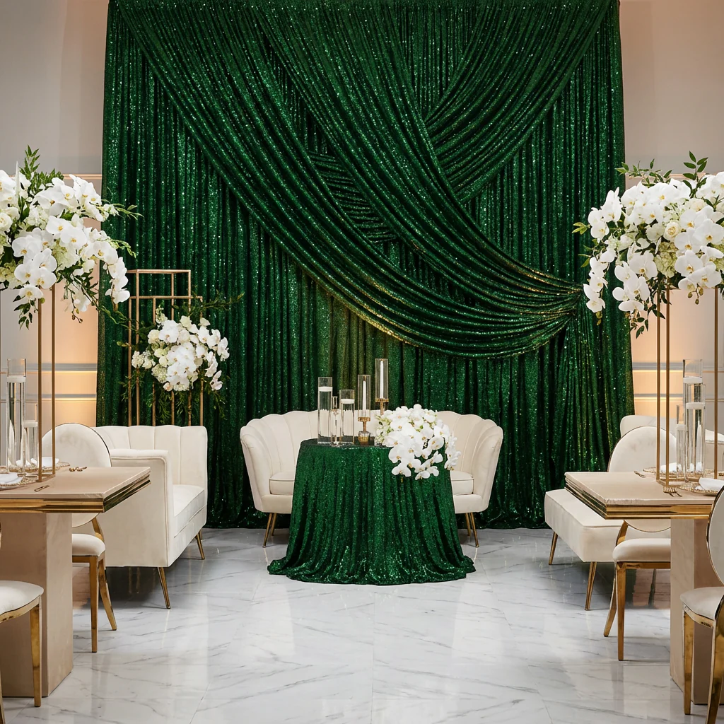 Sequin Velvet 12ft H x 52" W Drape/Backdrop Curtain Panel - Emerald Green - Image 4