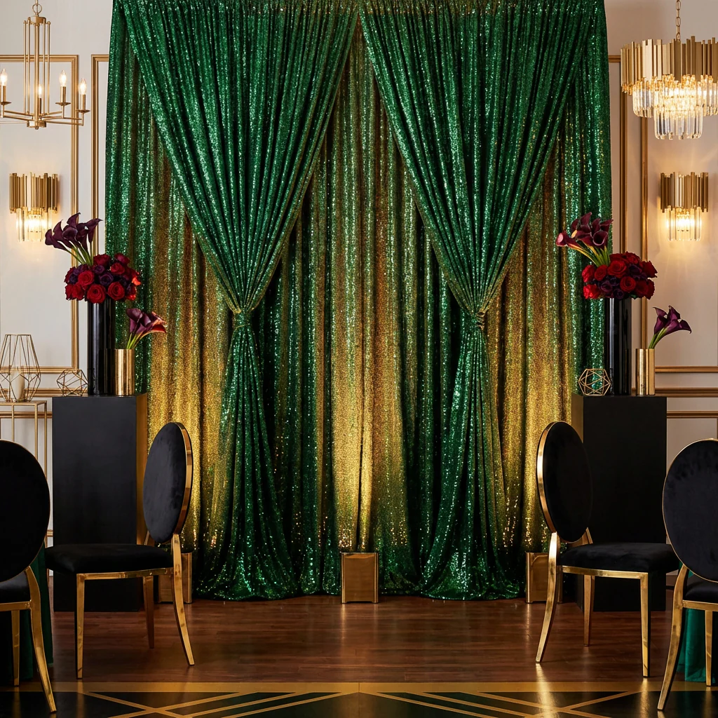 Sequin Velvet 12ft H x 52" W Drape/Backdrop Curtain Panel - Emerald Green - Image 5