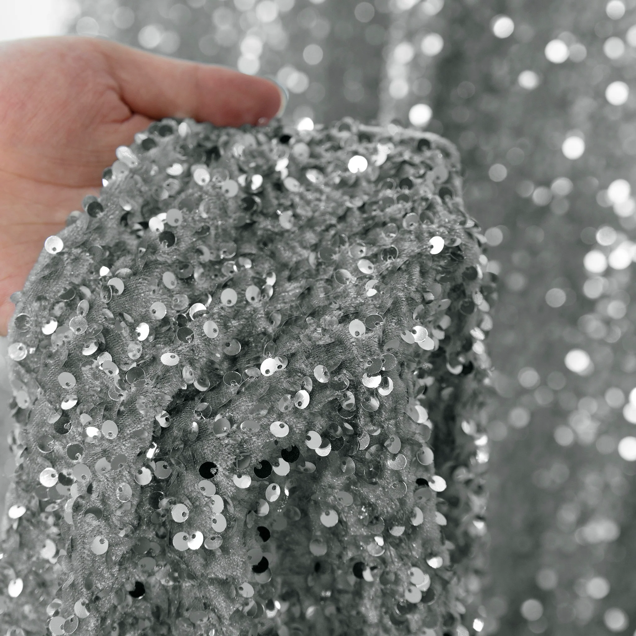 Sequin Velvet 12ft H x 52" W Drape/Backdrop Curtain Panel - Silver - Image 2