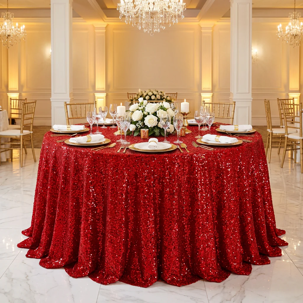 Sequin Velvet 120" Round Tablecloth - Red - Image 2