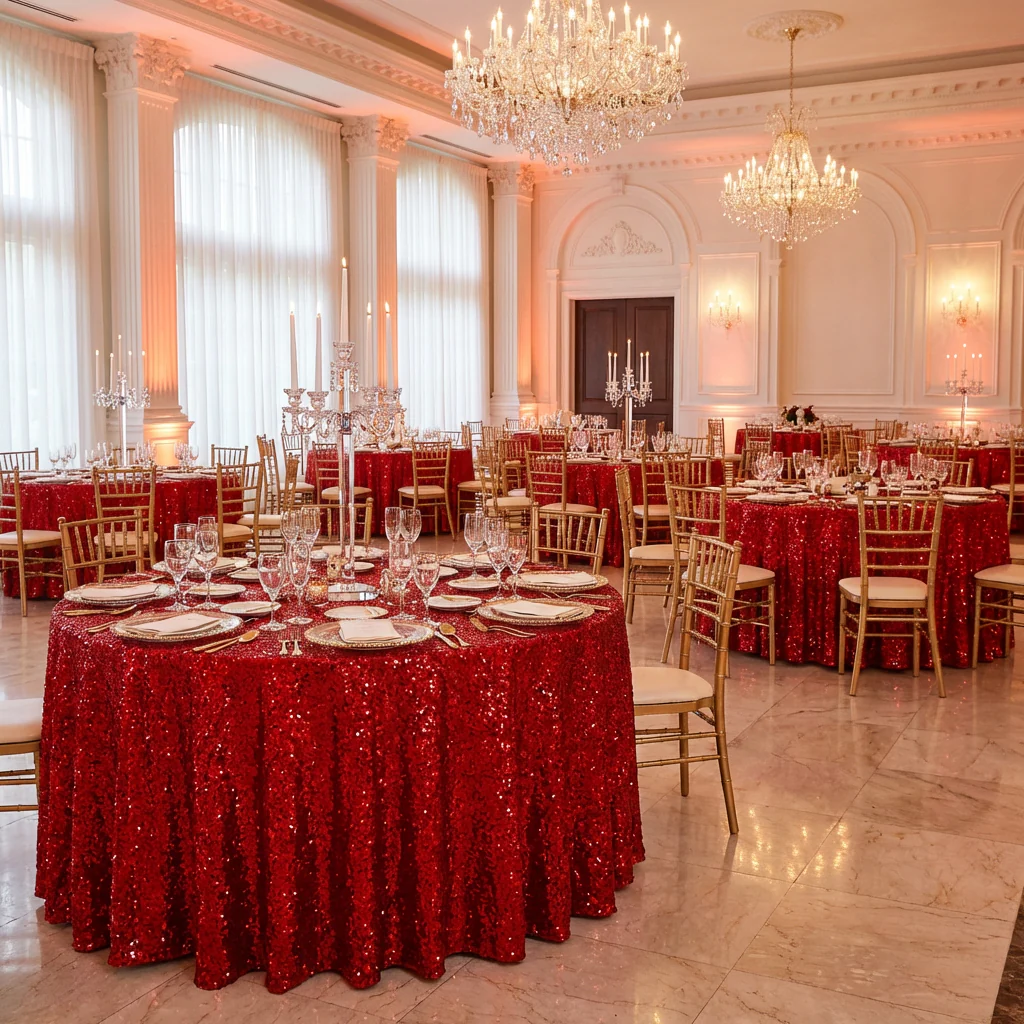 Sequin Velvet 120" Round Tablecloth - Red - Image 4