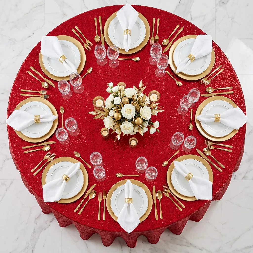 Sequin Velvet 120" Round Tablecloth - Red - Image 6
