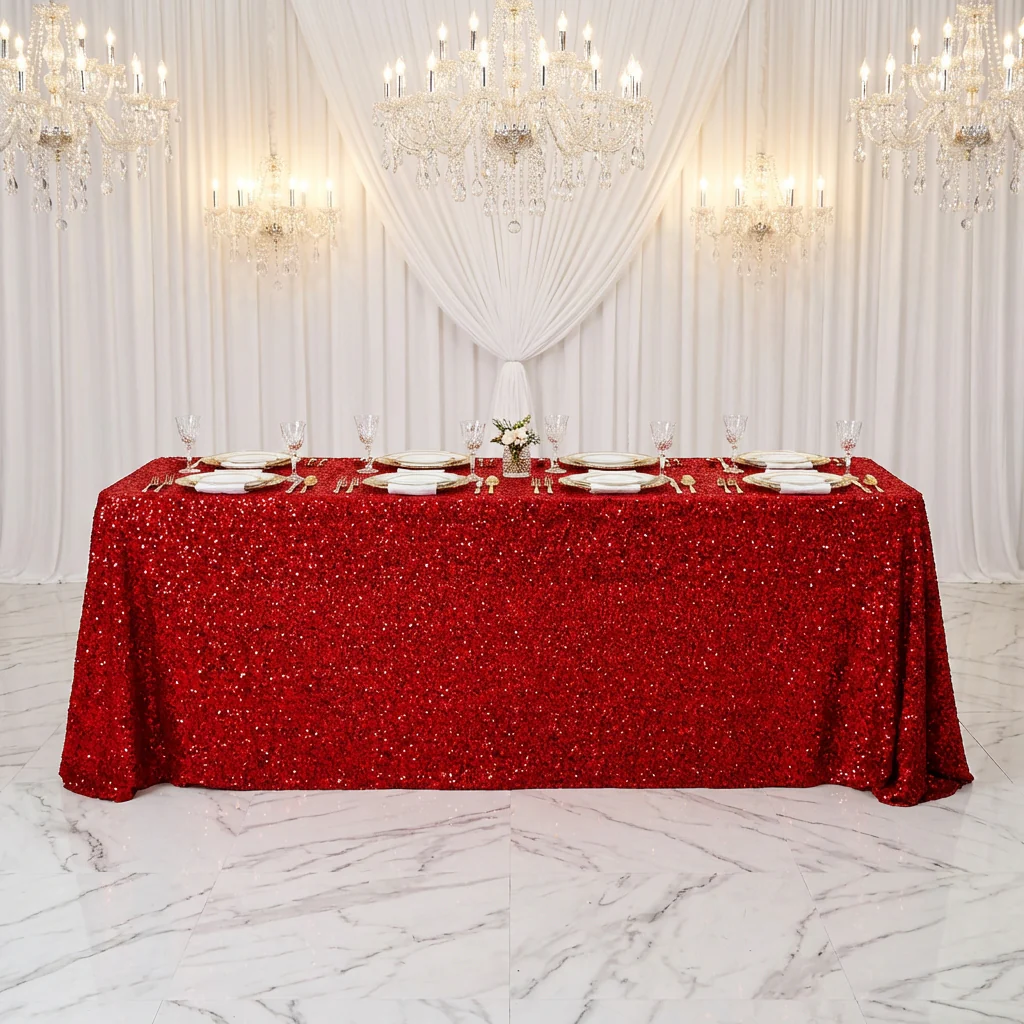 Sequin Velvet 90"x132" Rectangular Tablecloth - Red - Image 2