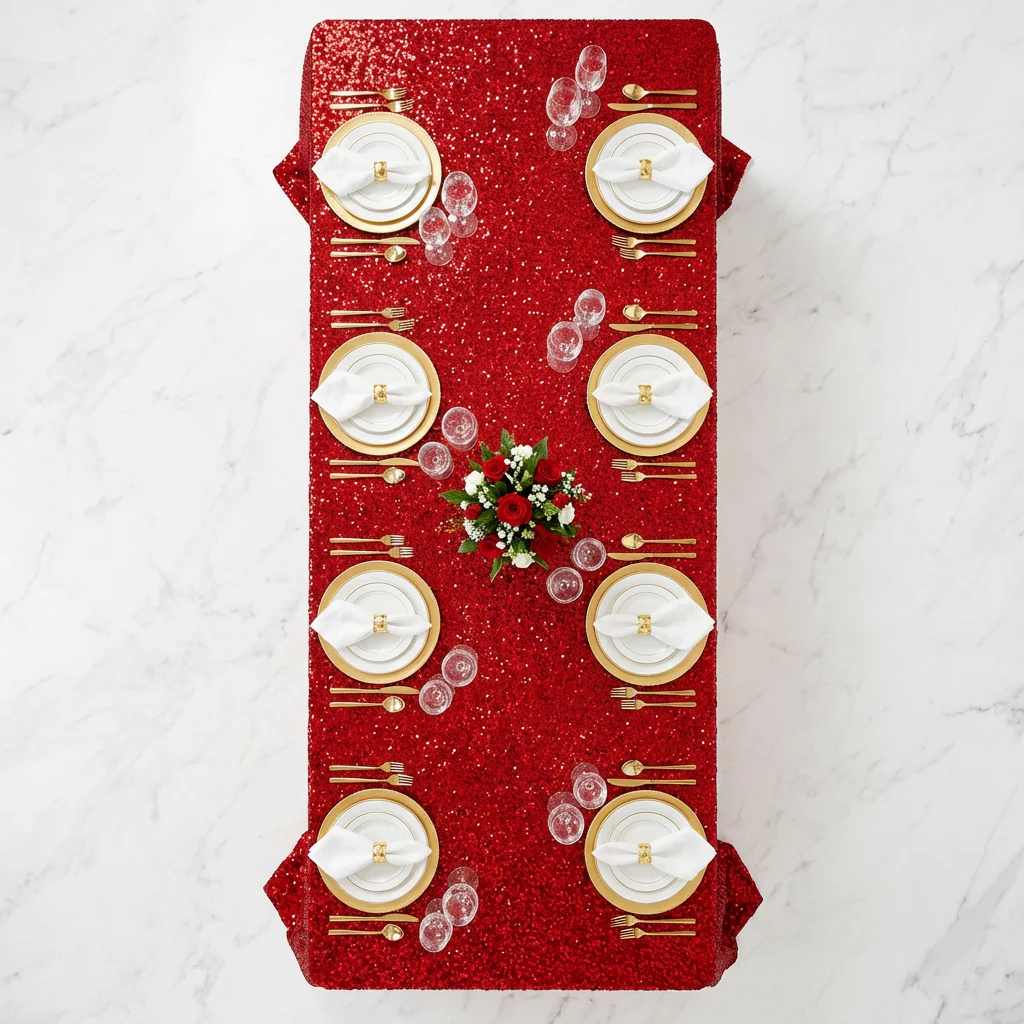 Sequin Velvet 90"x132" Rectangular Tablecloth - Red - Image 5