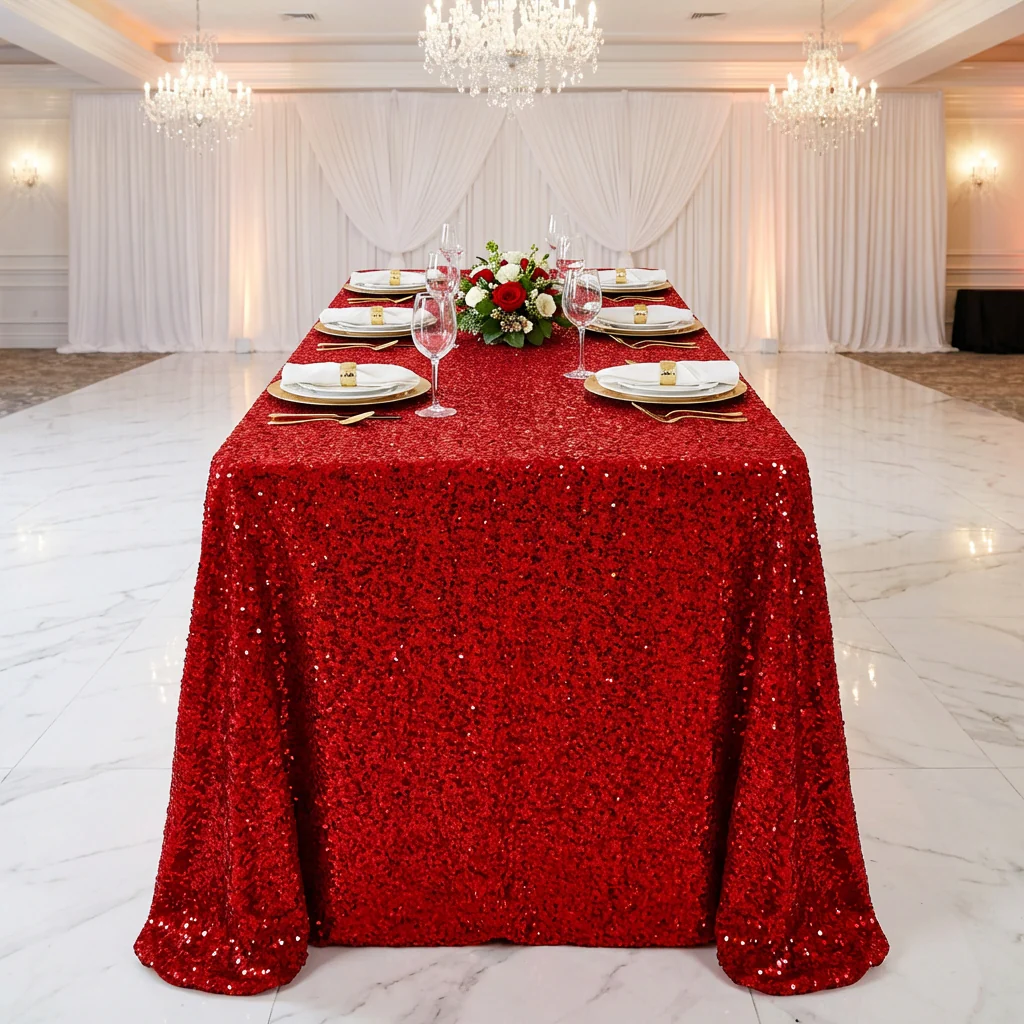 Sequin Velvet 90"x132" Rectangular Tablecloth - Red - Image 6
