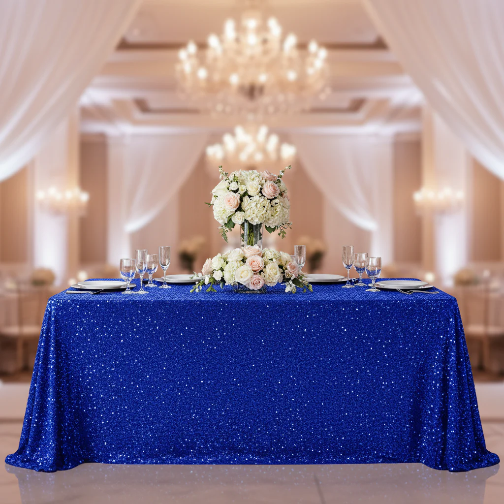 Sequin Velvet 90"x156" Rectangular Tablecloth - Royal Blue - Image 2