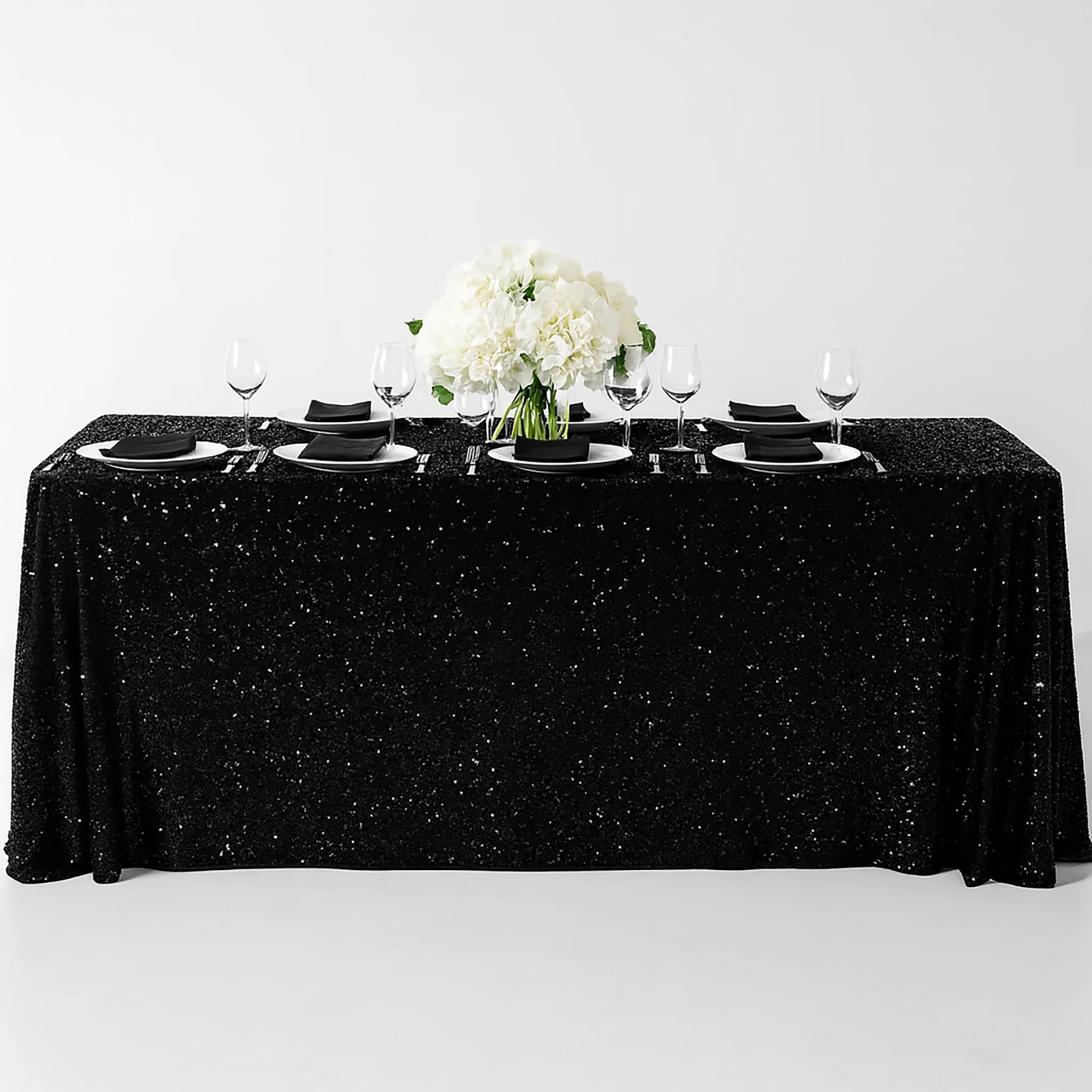 Sequin Velvet 90"x156" Rectangular Tablecloth - Black - Image 2