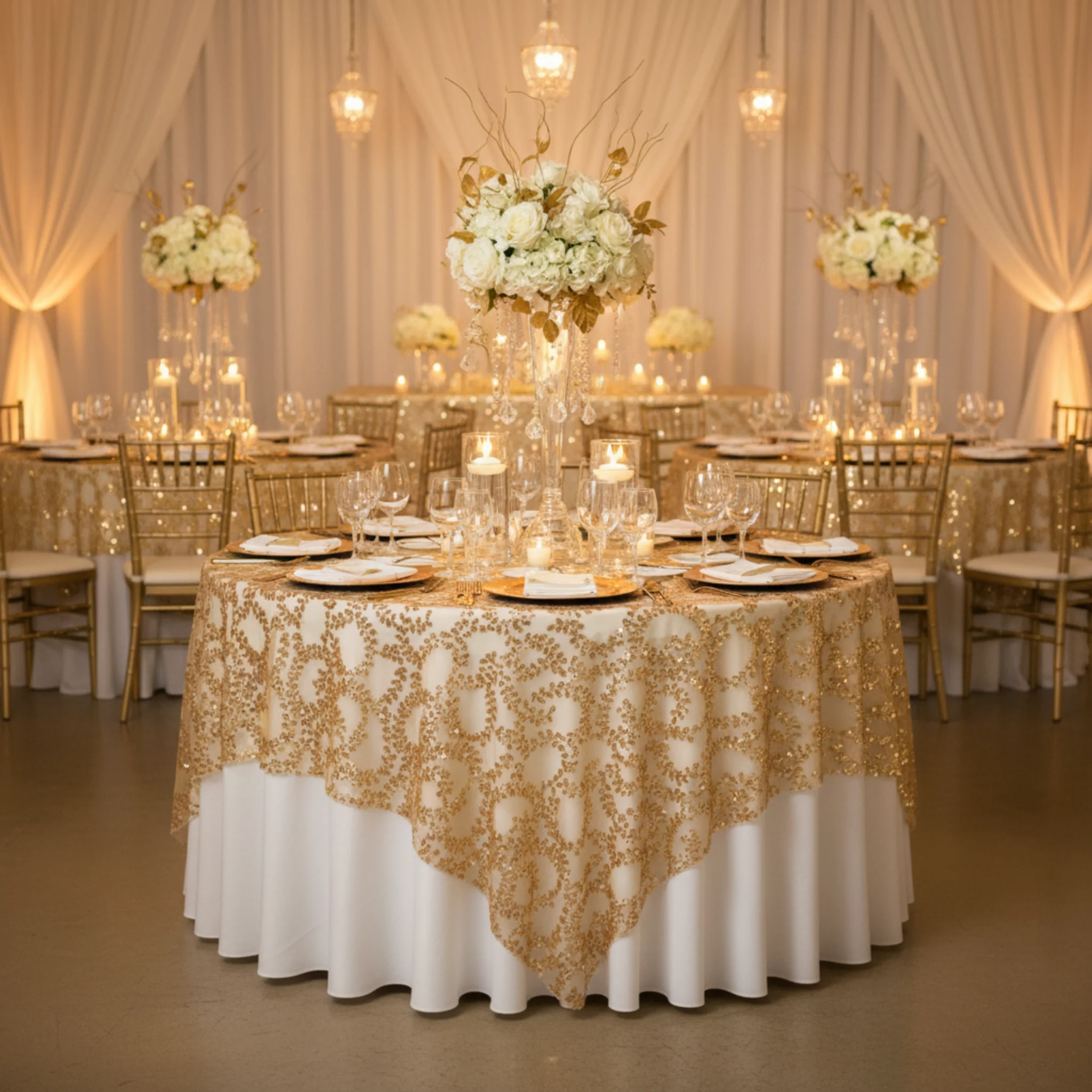 Sequin Vine Table Overlay Topper 90"x90" Square  - Gold - Image 2