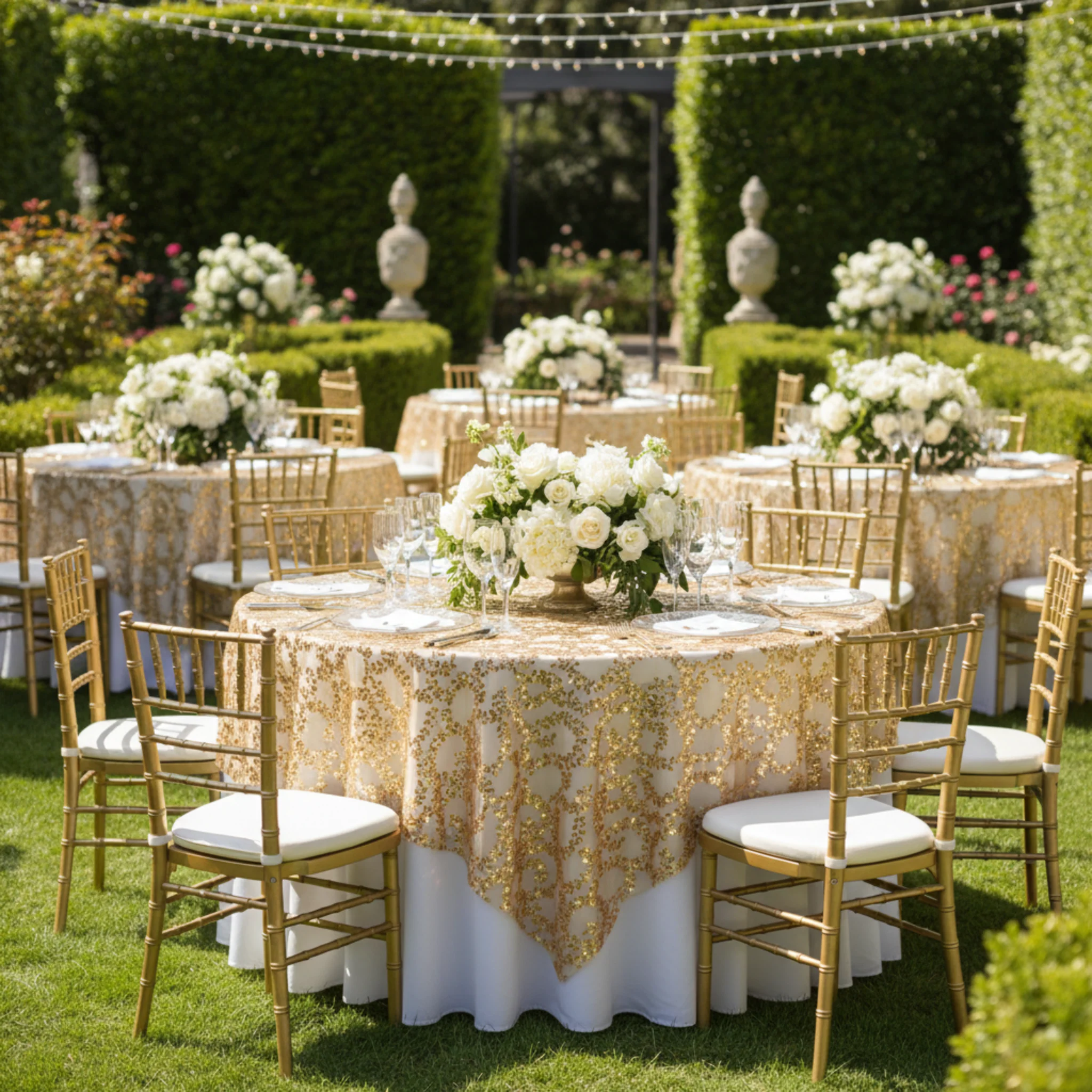Sequin Vine Table Overlay Topper 90"x90" Square  - Gold - Image 3