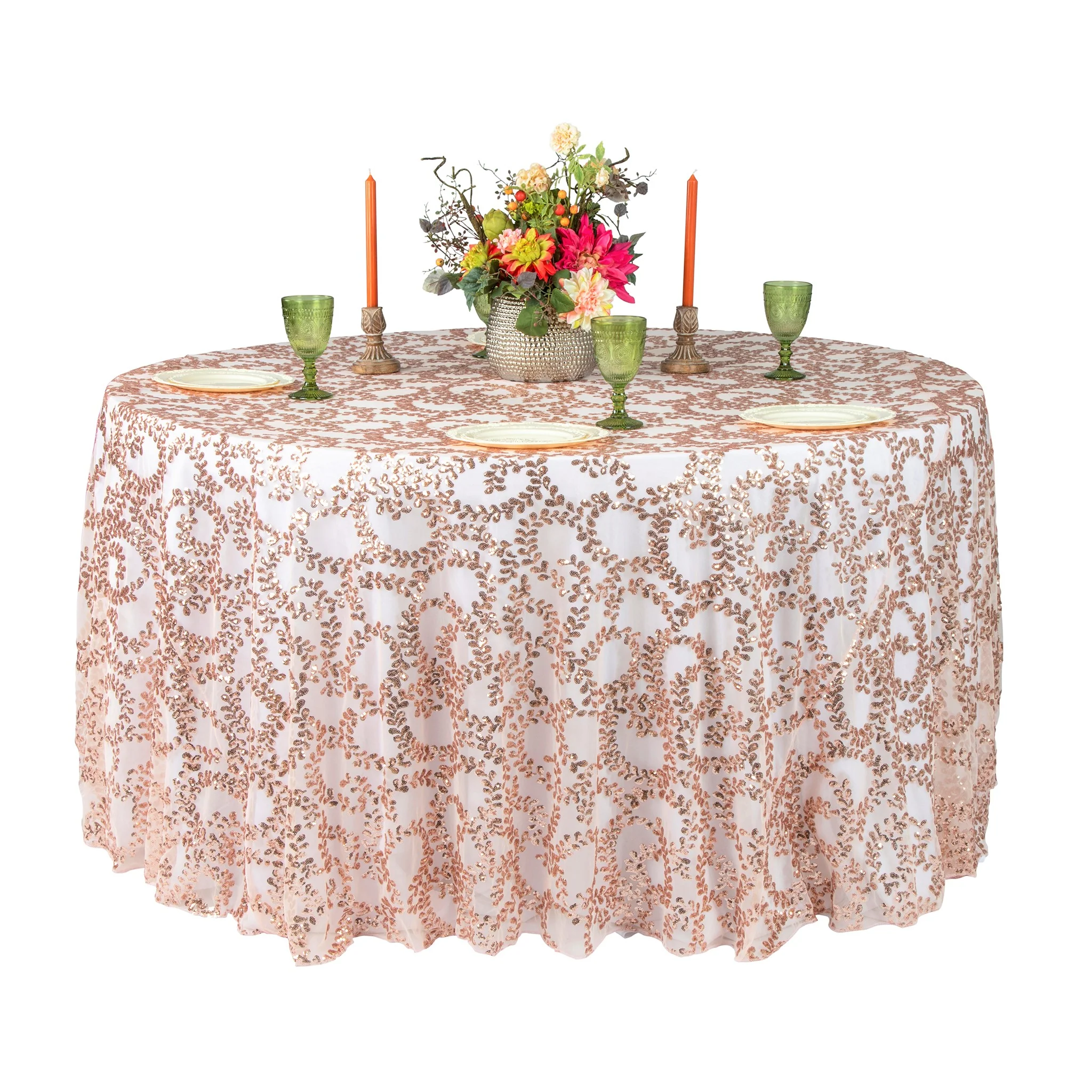 Sequin Vine Tablecloth Overlays 120" Round  - Blush/Rose Gold - Image 2