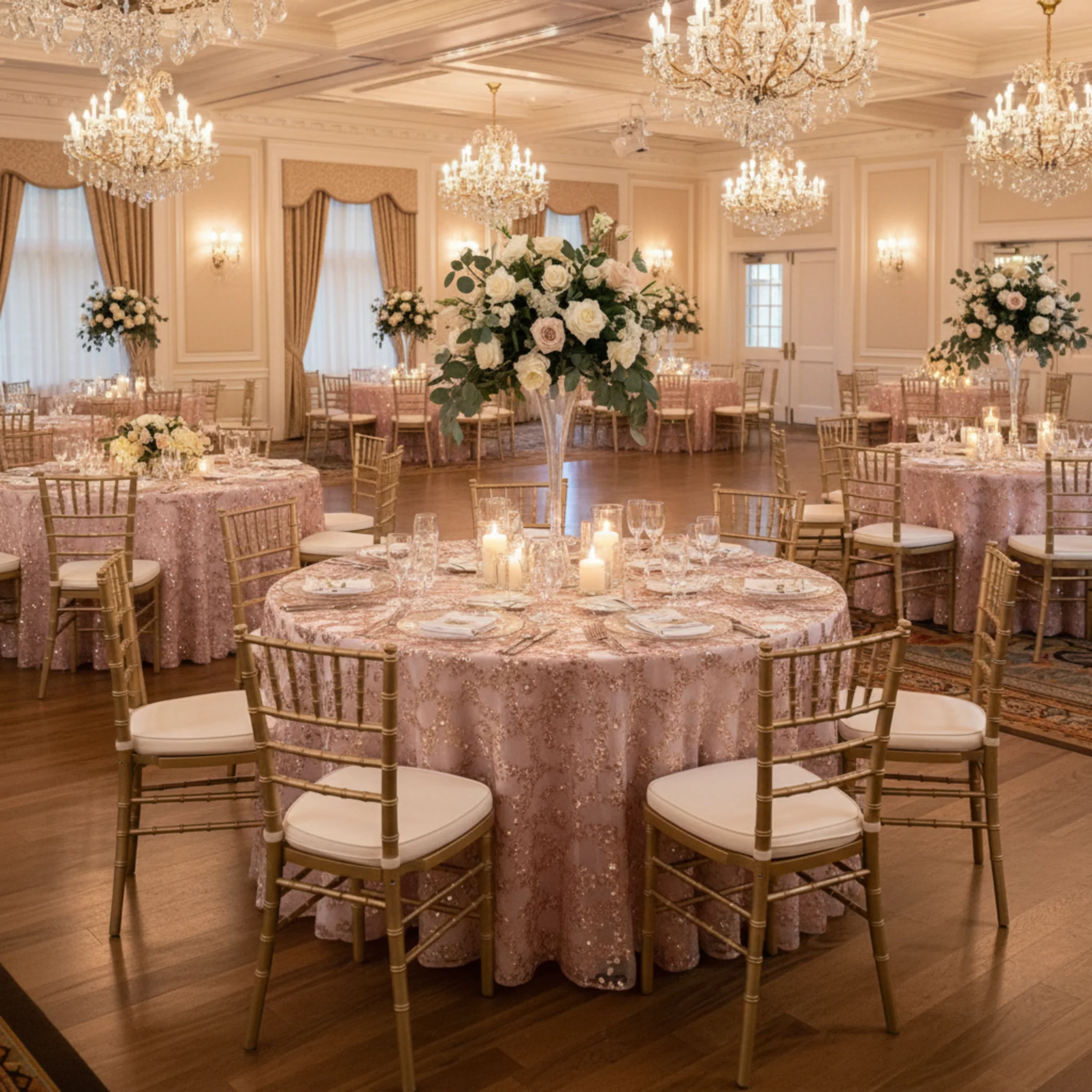 Sequin Vine Tablecloth Overlays 120" Round  - Blush/Rose Gold - Image 7