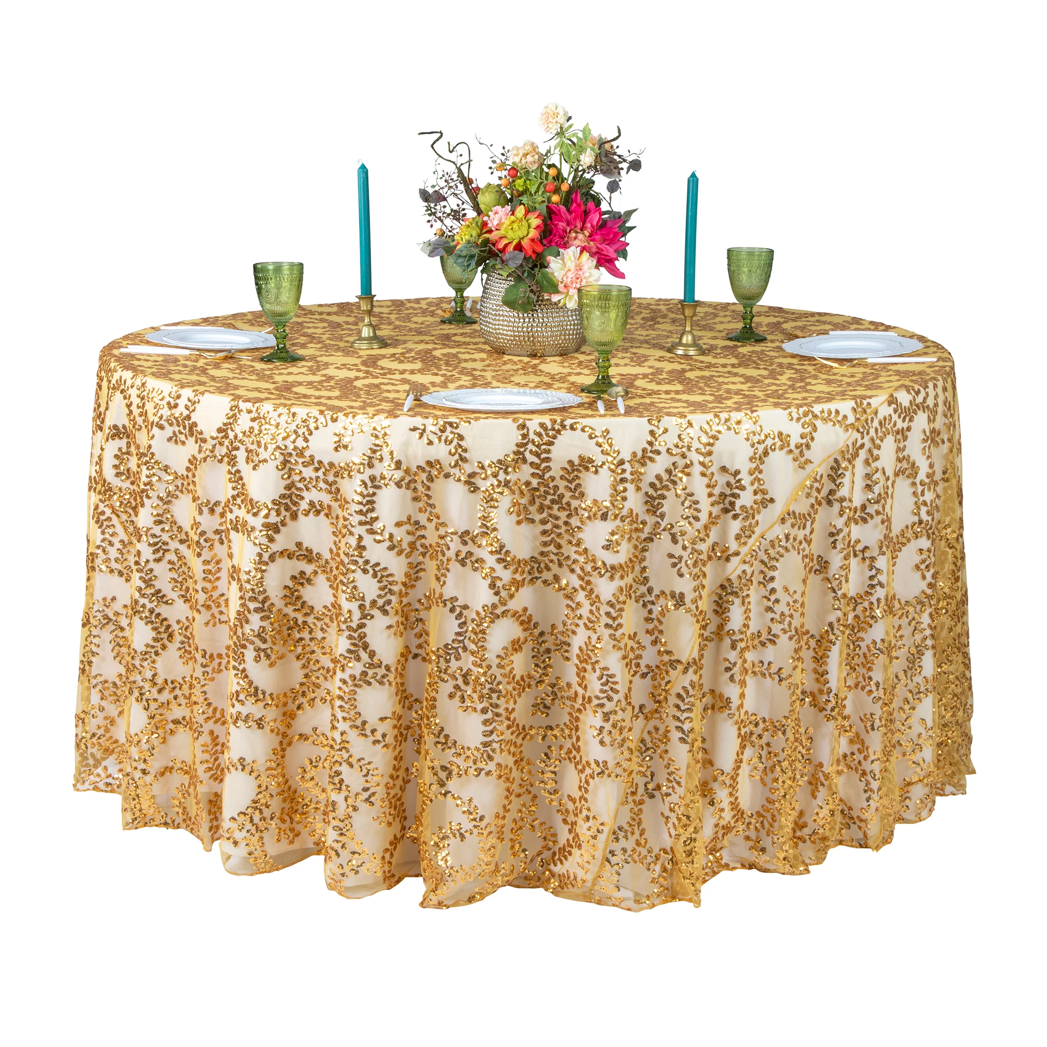 Sequin Vine Tablecloth Overlay 120" Round - Gold - Image 2