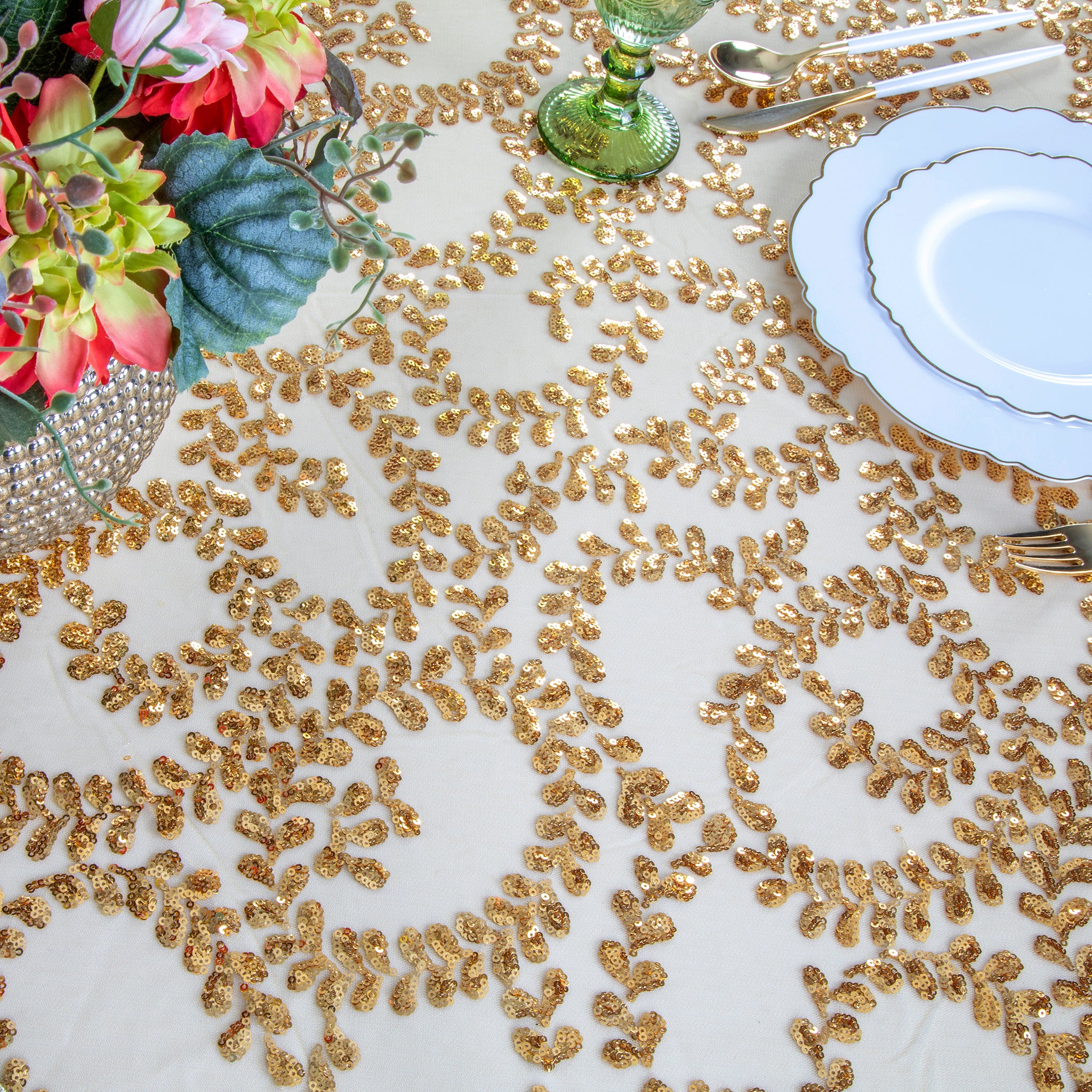 Sequin Vine Tablecloth Overlay 120" Round - Gold - Image 3