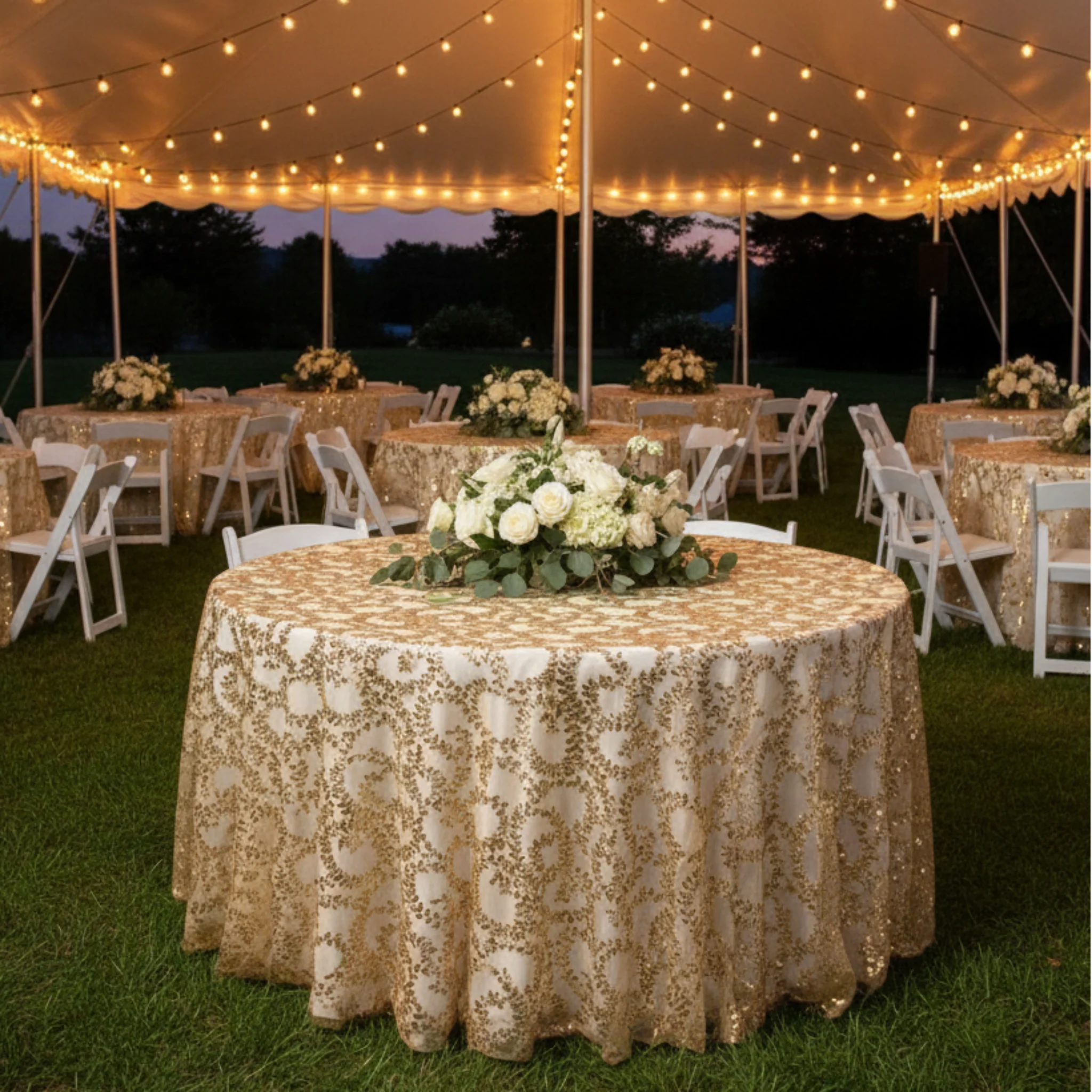 Sequin Vine Tablecloth Overlay 120" Round - Gold - Image 6