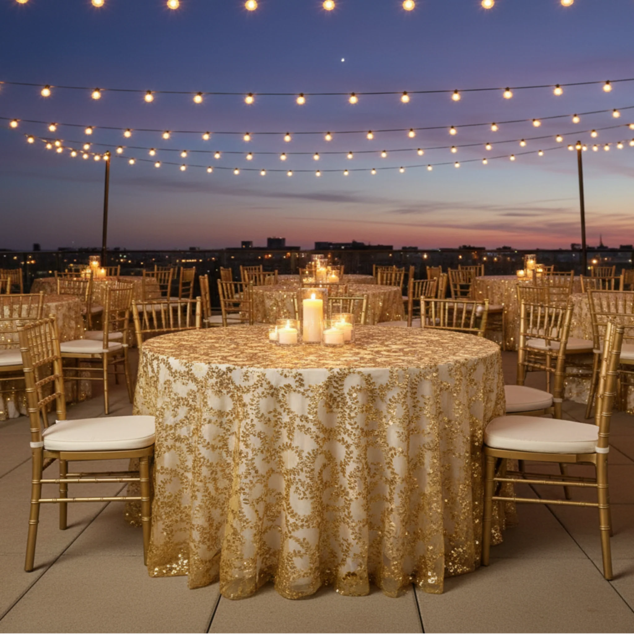 Sequin Vine Tablecloth Overlay 120" Round - Gold - Image 7