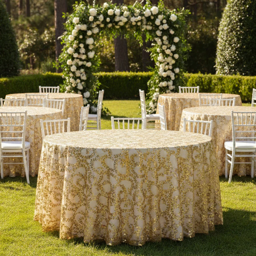 Sequin Vine Tablecloth Overlay 120" Round - Gold - Image 8