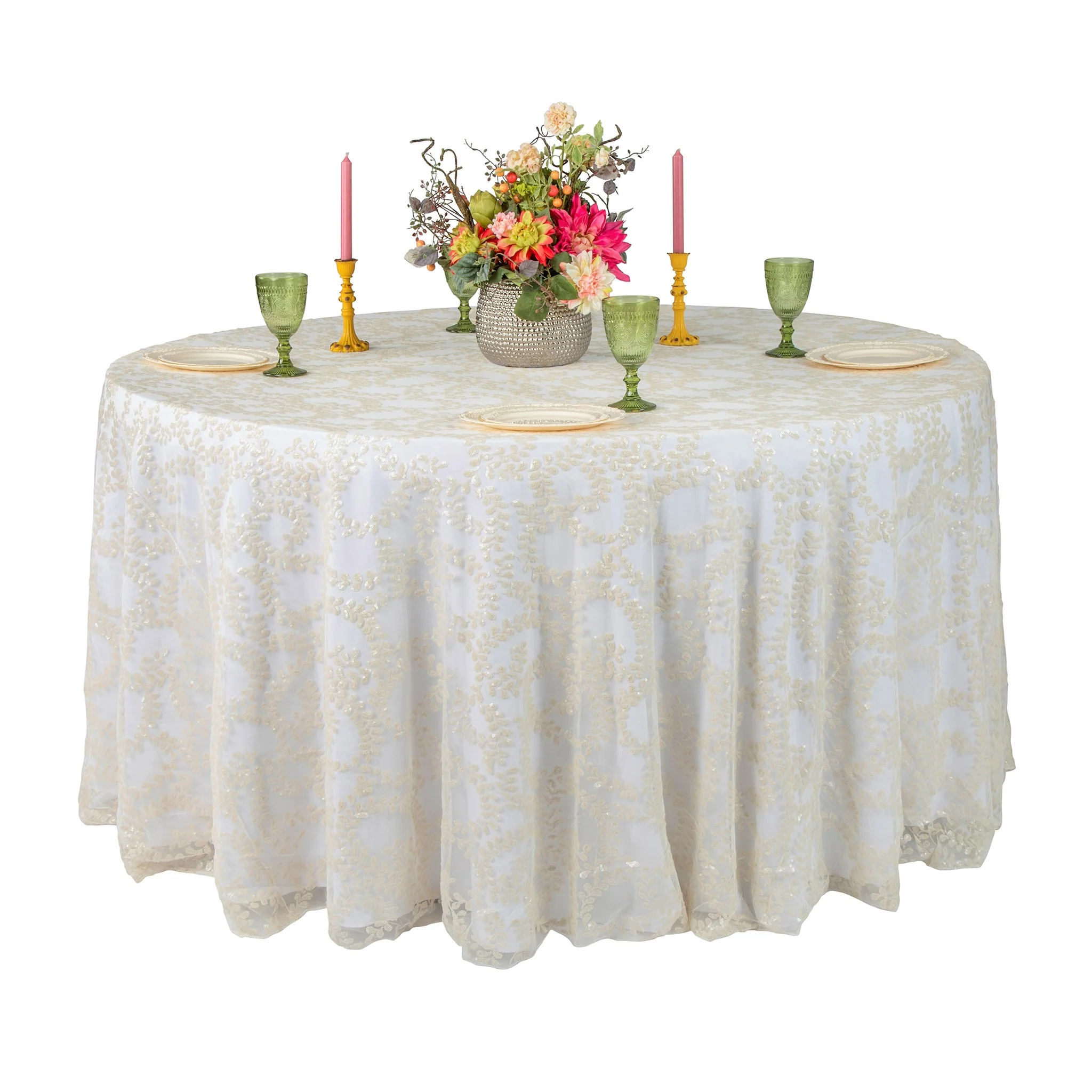 Sequin Vine Tablecloth Overlay 120" Round  - Light Ivory/Off White - Image 2