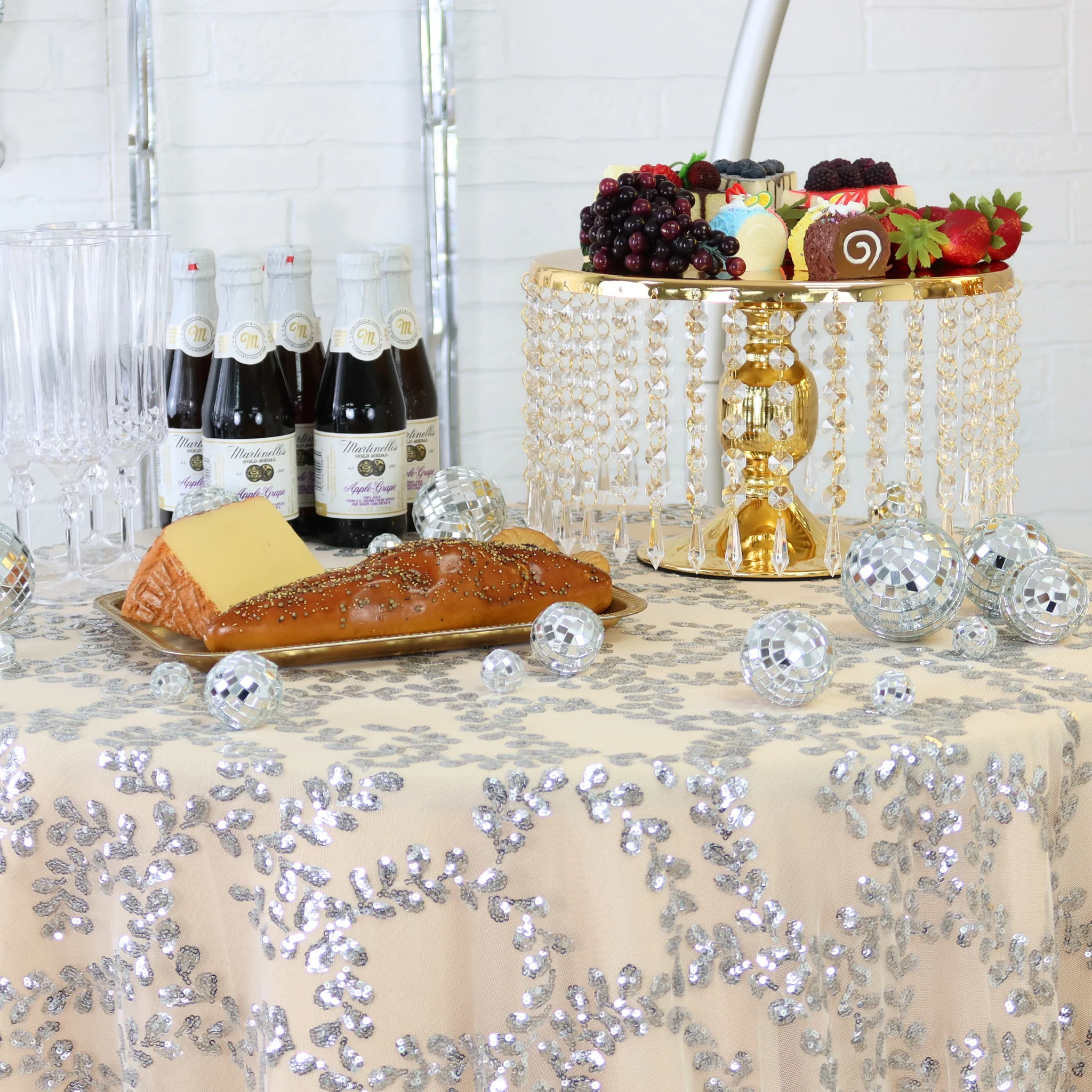 Sequin Vine Tablecloth Overlay 120" Round  - Silver - Image 2