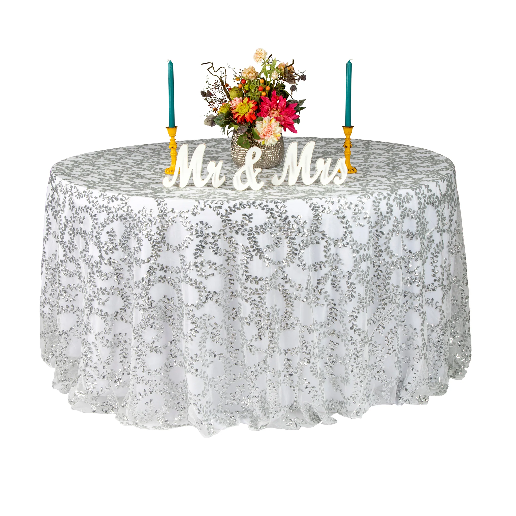 Sequin Vine Tablecloth Overlay 120" Round  - Silver - Image 5