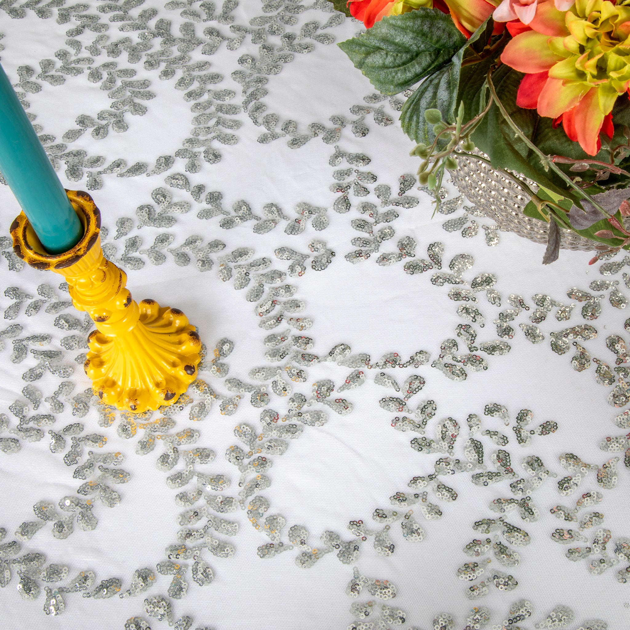 Sequin Vine Tablecloth Overlay 120" Round  - Silver - Image 7
