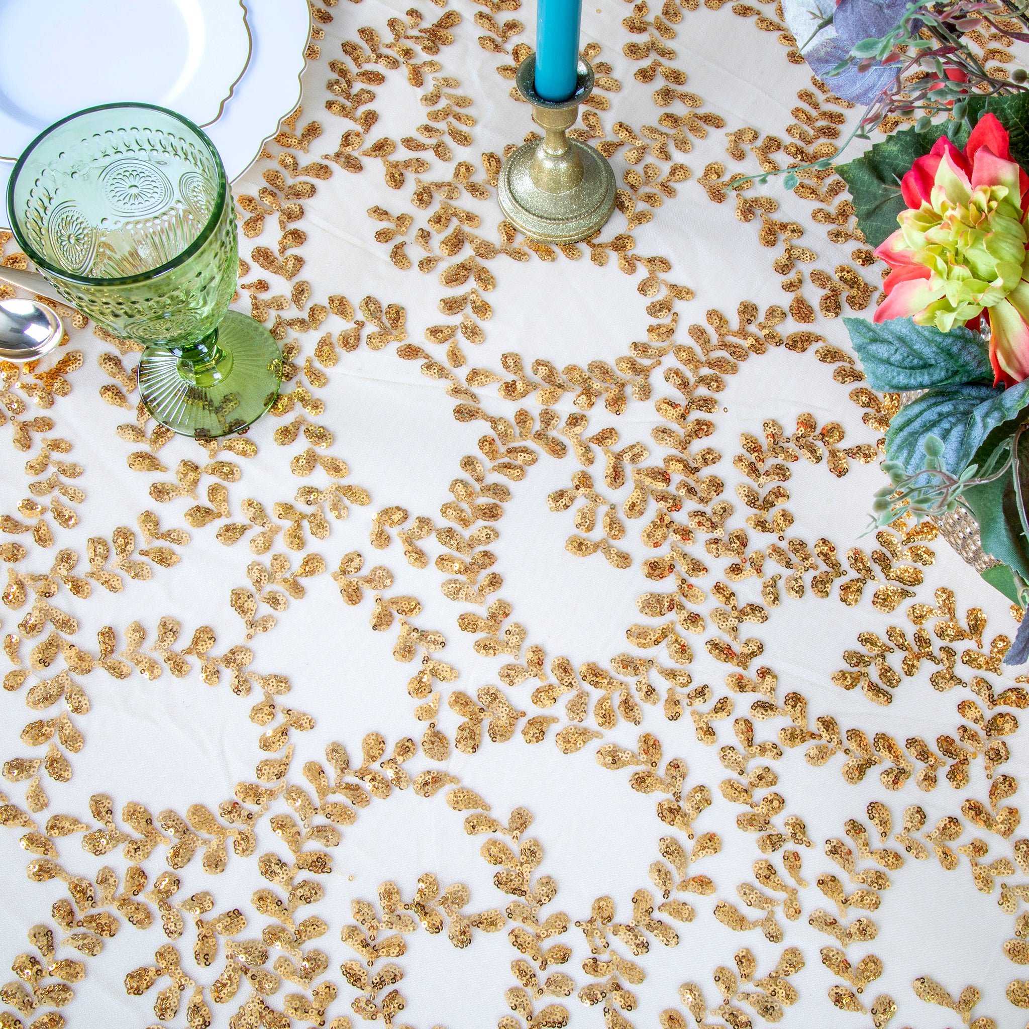 Sequin Vine Tablecloth Overlay 90"x132" Rectangle  - Gold - Image 3