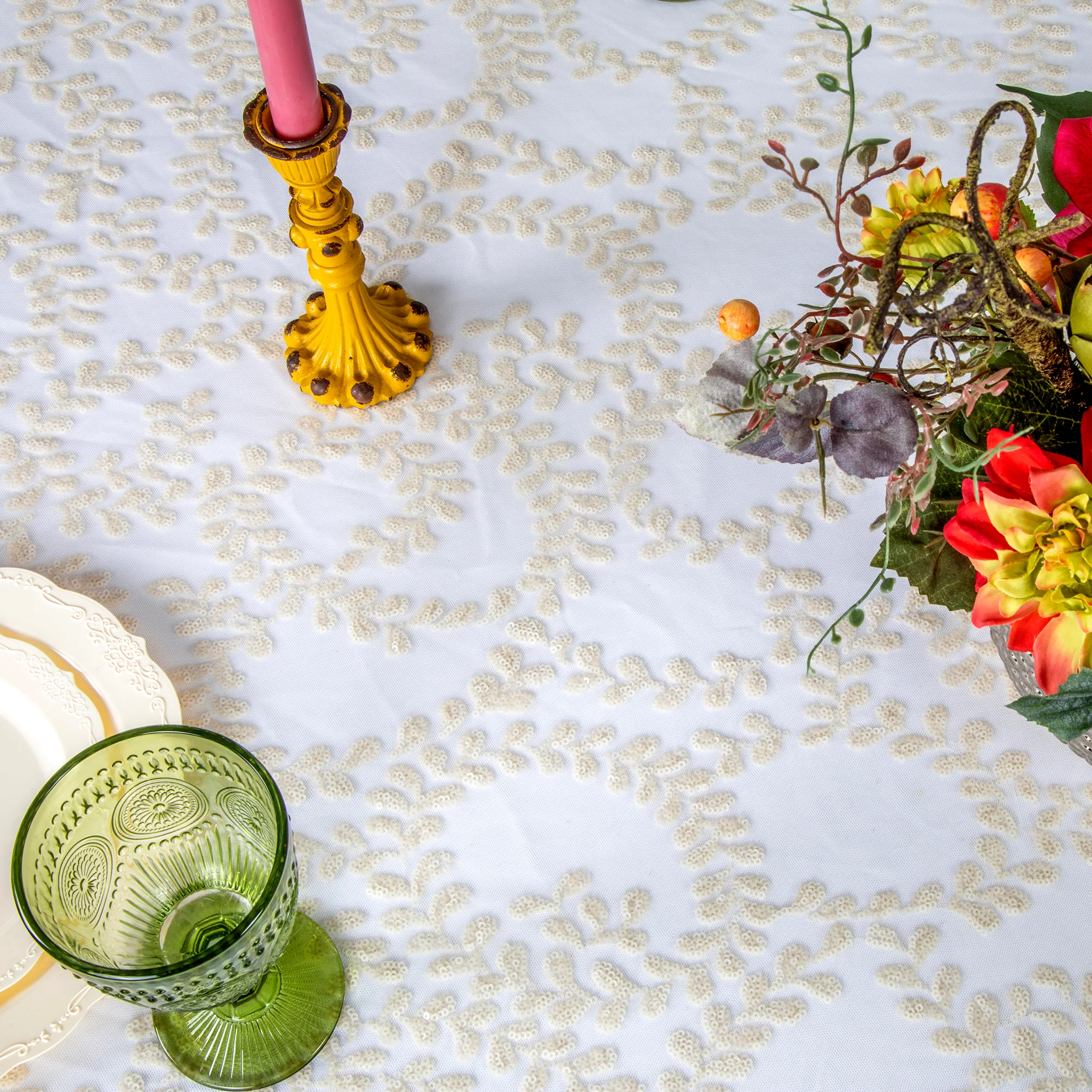 Sequin Vine Tablecloth Overlay 90"x132" Rectangle  - Light Ivory/Off White - Image 3