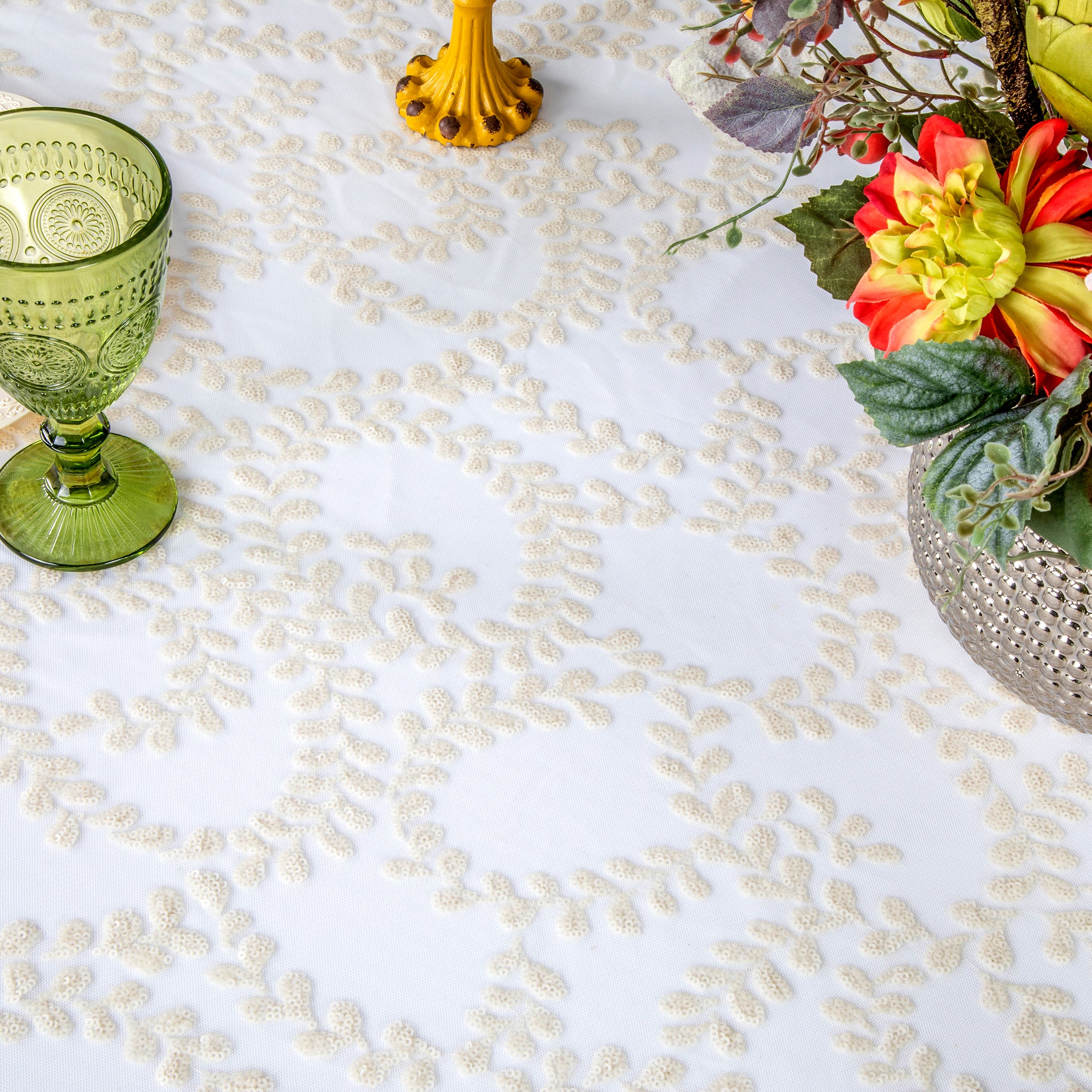 Sequin Vine Tablecloth Overlay 90"x132" Rectangle  - Light Ivory/Off White - Image 4