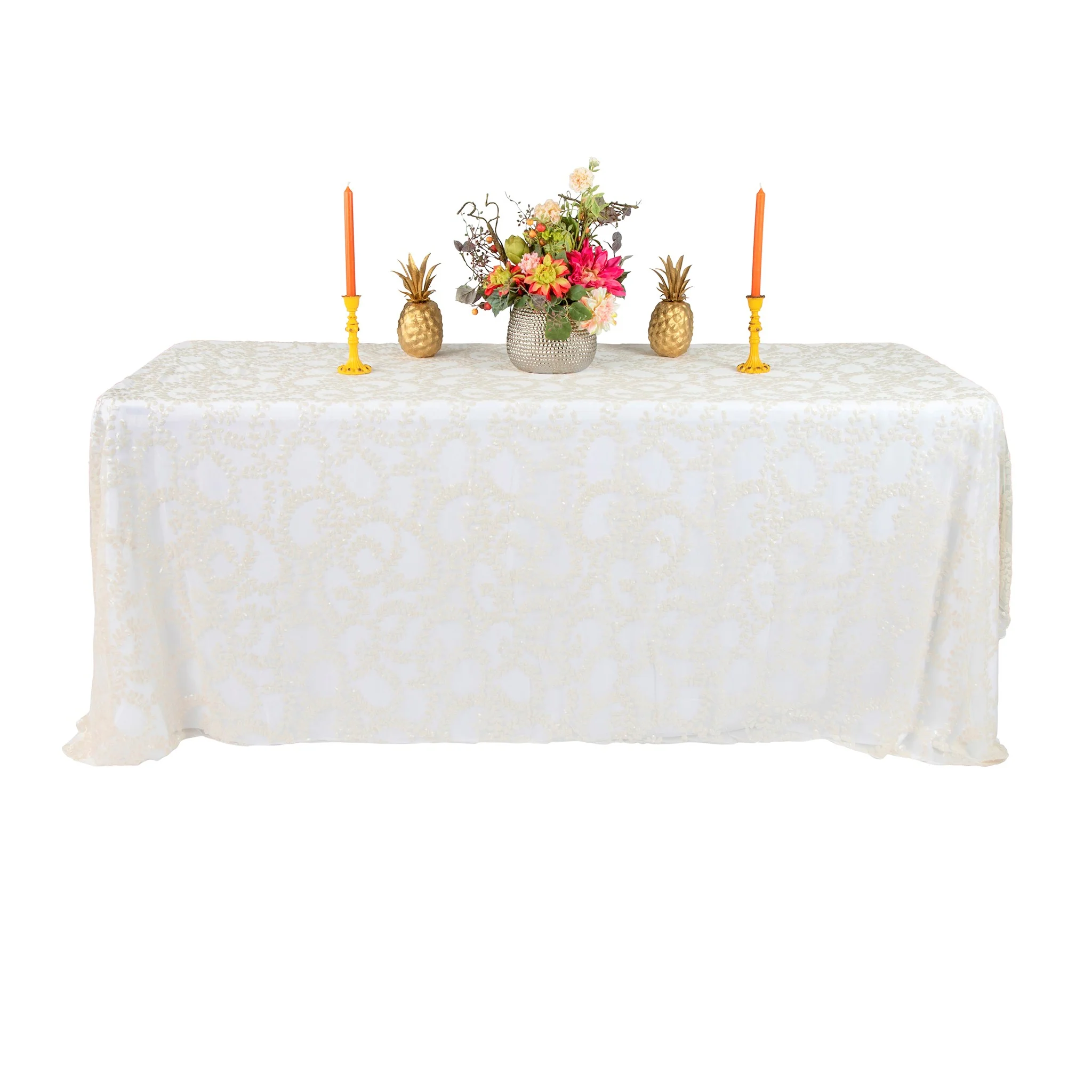 Sequin Vine Tablecloth Overlay 90"x132" Rectangle  - Light Ivory/Off White - Image 5