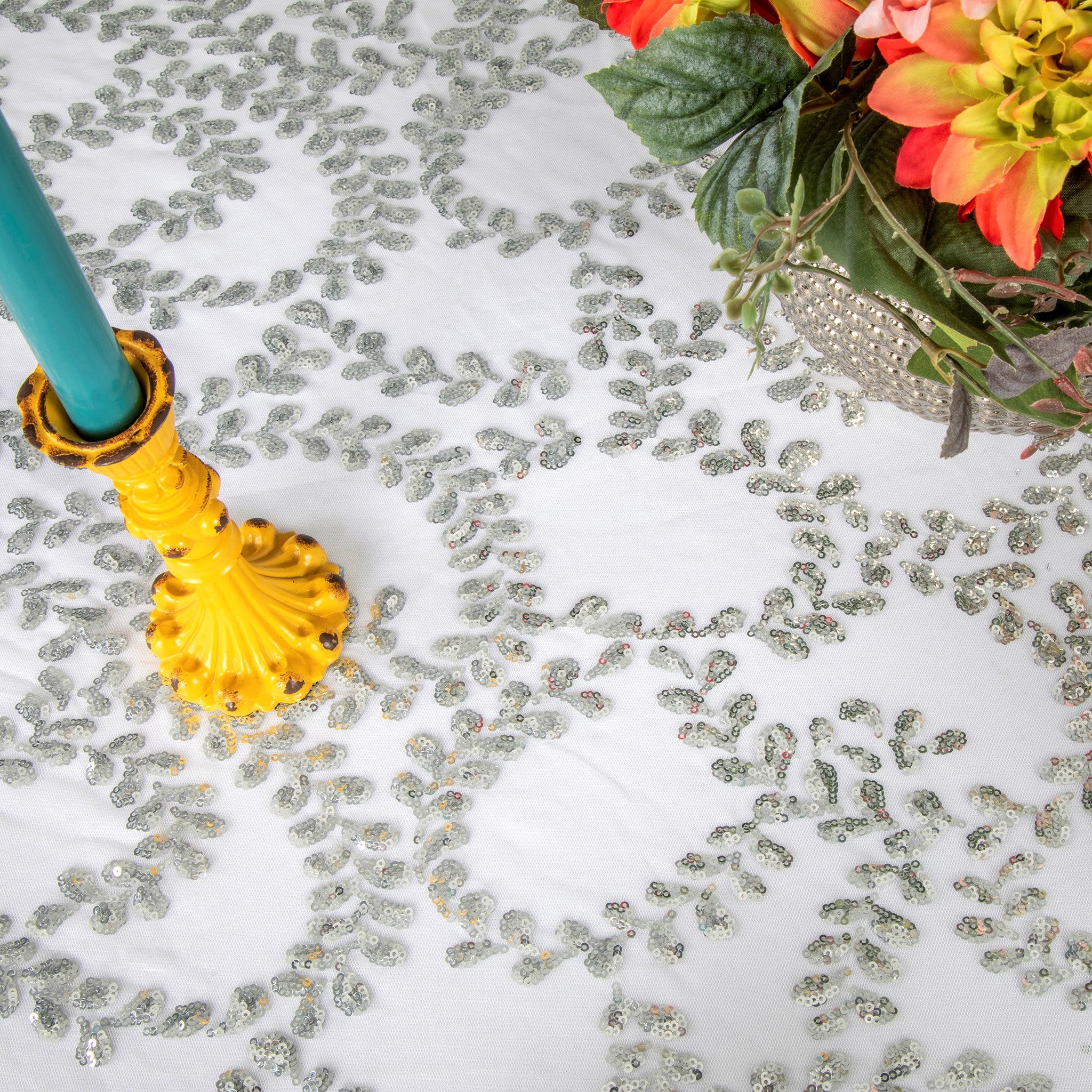 Sequin Vine Tablecloth Overlay 90"x132" Rectangle  - Silver - Image 2