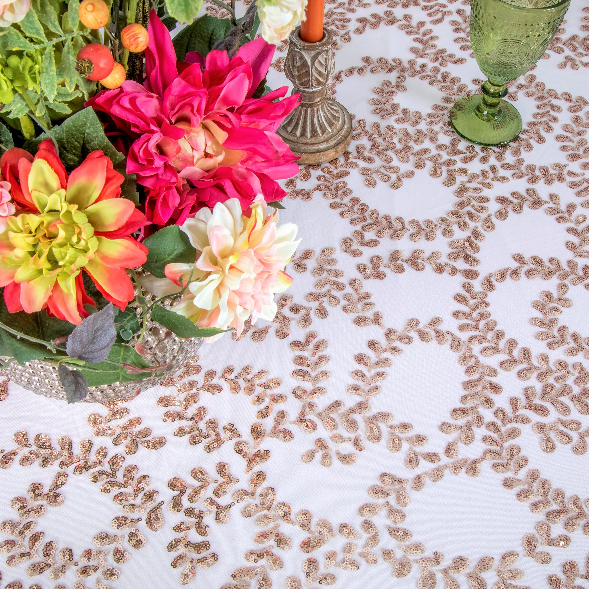 Sequin Vine Tablecloth Overlay 90"x156" Rectangle - Blush/Rose Gold - Image 3