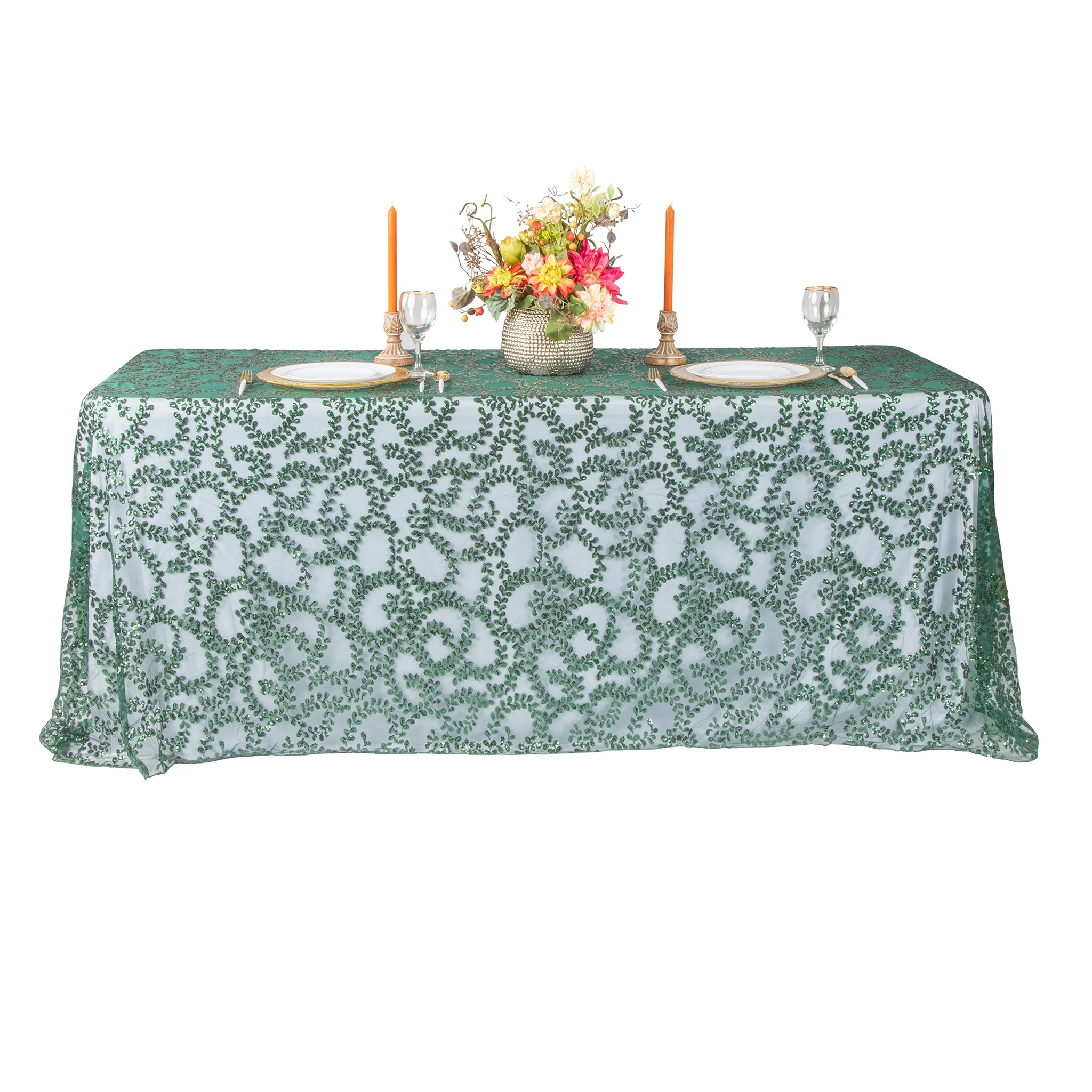 Sequin Vine Tablecloth Overlay 90"x156" Rectangle  - Emerald Green - Image 4
