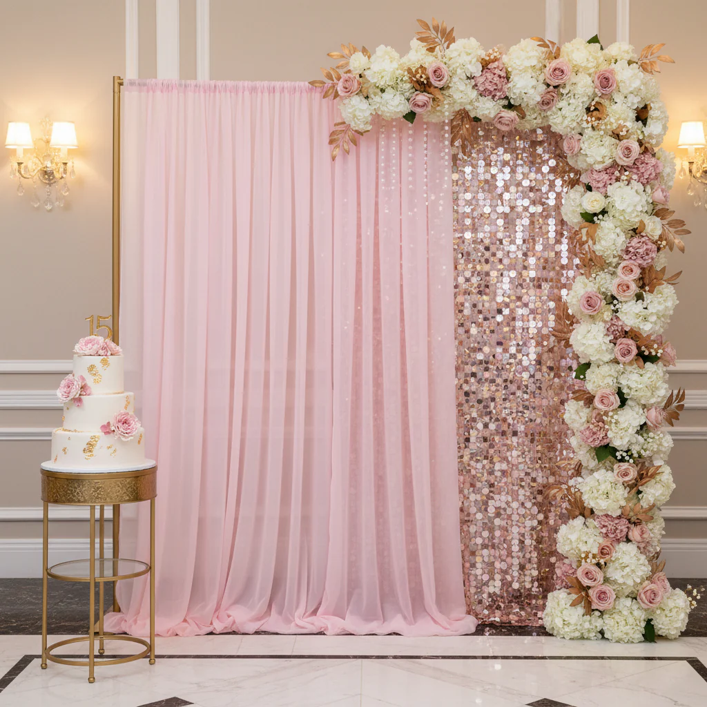 Sheer Voile Flame Retardant (FR) 10ft H x 118" W Drape/Backdrop Curtain Panel - Pink