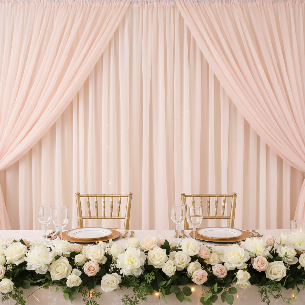 Sheer Voile Flame Retardant (FR) 12ft H x 118" W Drape/Backdrop Curtain Panel - Blush/Rose Gold - Image 4