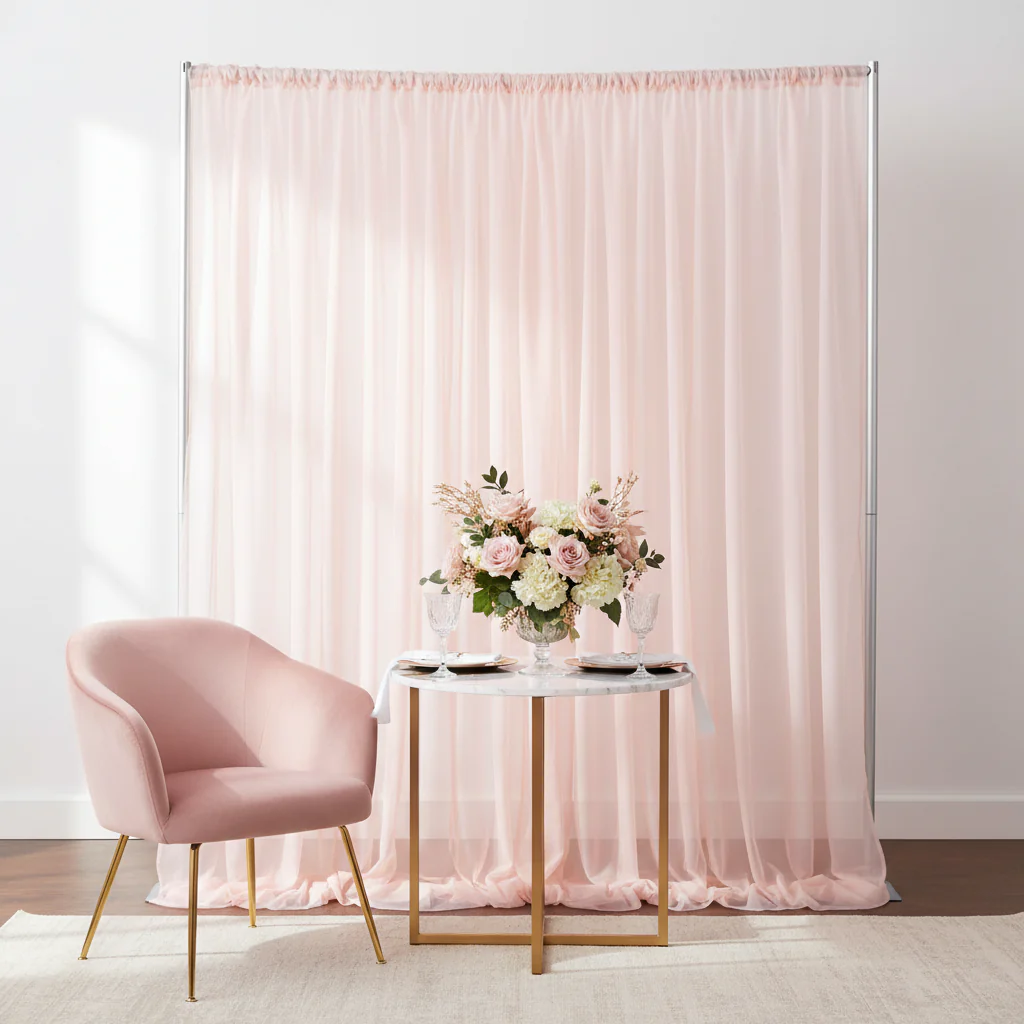 Sheer Voile Flame Retardant (FR) 14ft H x 118" W Drape/Backdrop Curtain Panel - Blush/Rose Gold