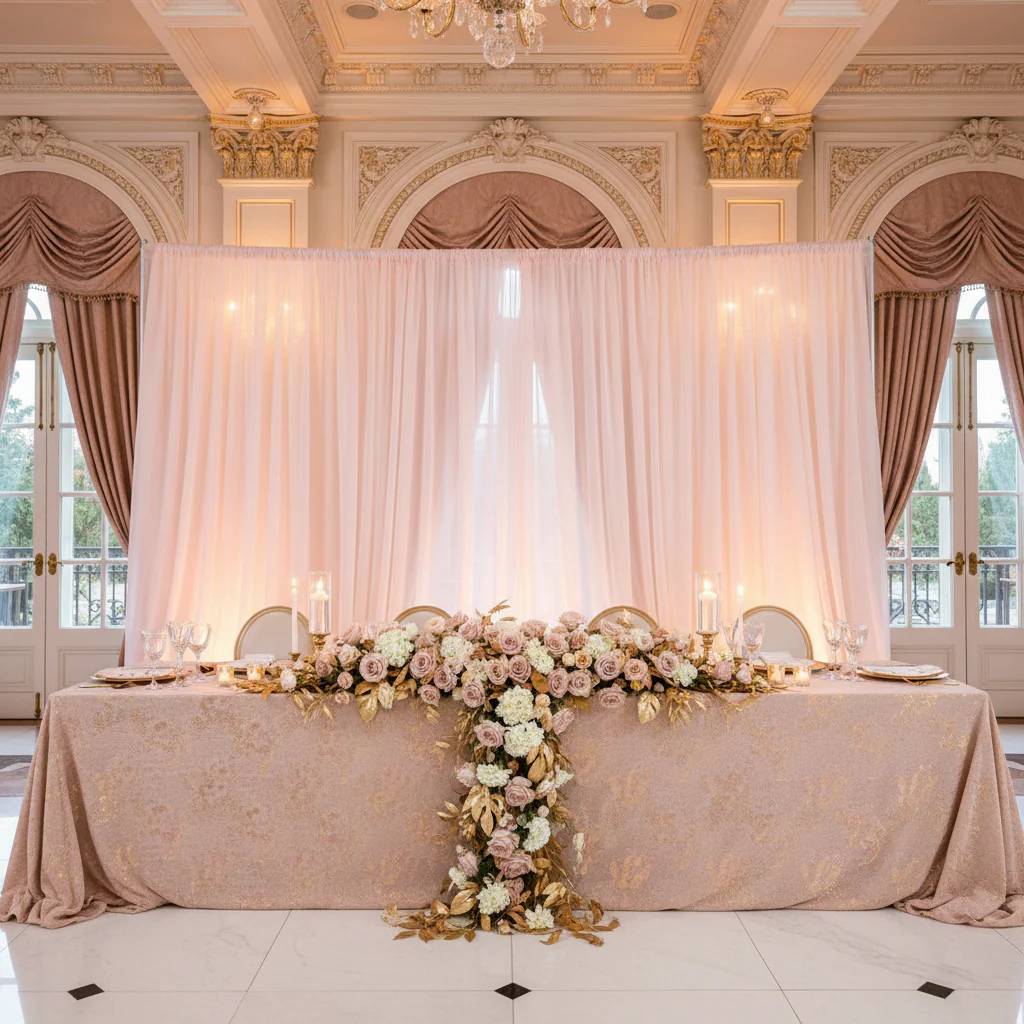 Sheer Voile Flame Retardant (FR) 14ft H x 118" W Drape/Backdrop Curtain Panel - Blush/Rose Gold - Image 3