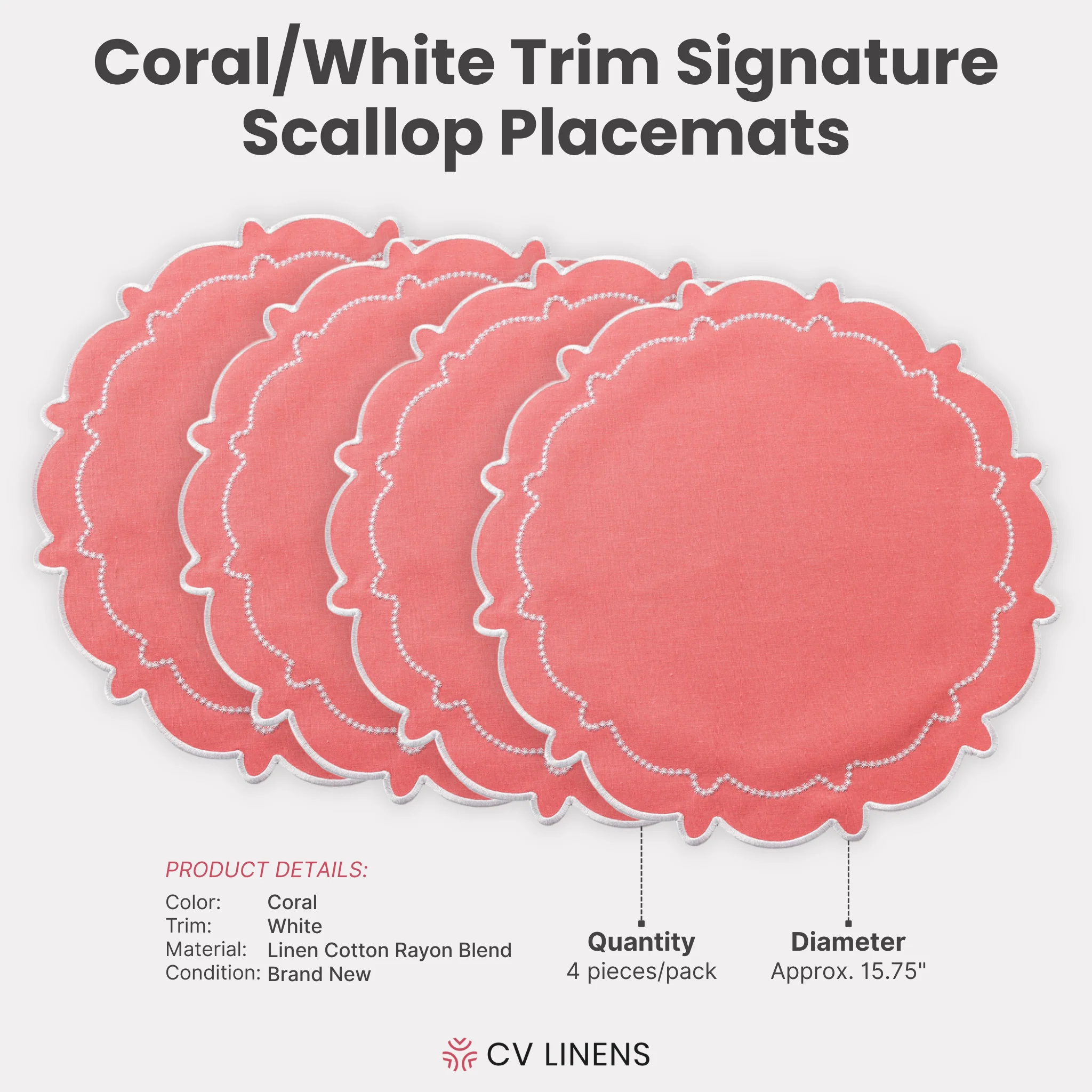 4pc/set Signature Scallop Placemats - Coral/White Trim - Image 4
