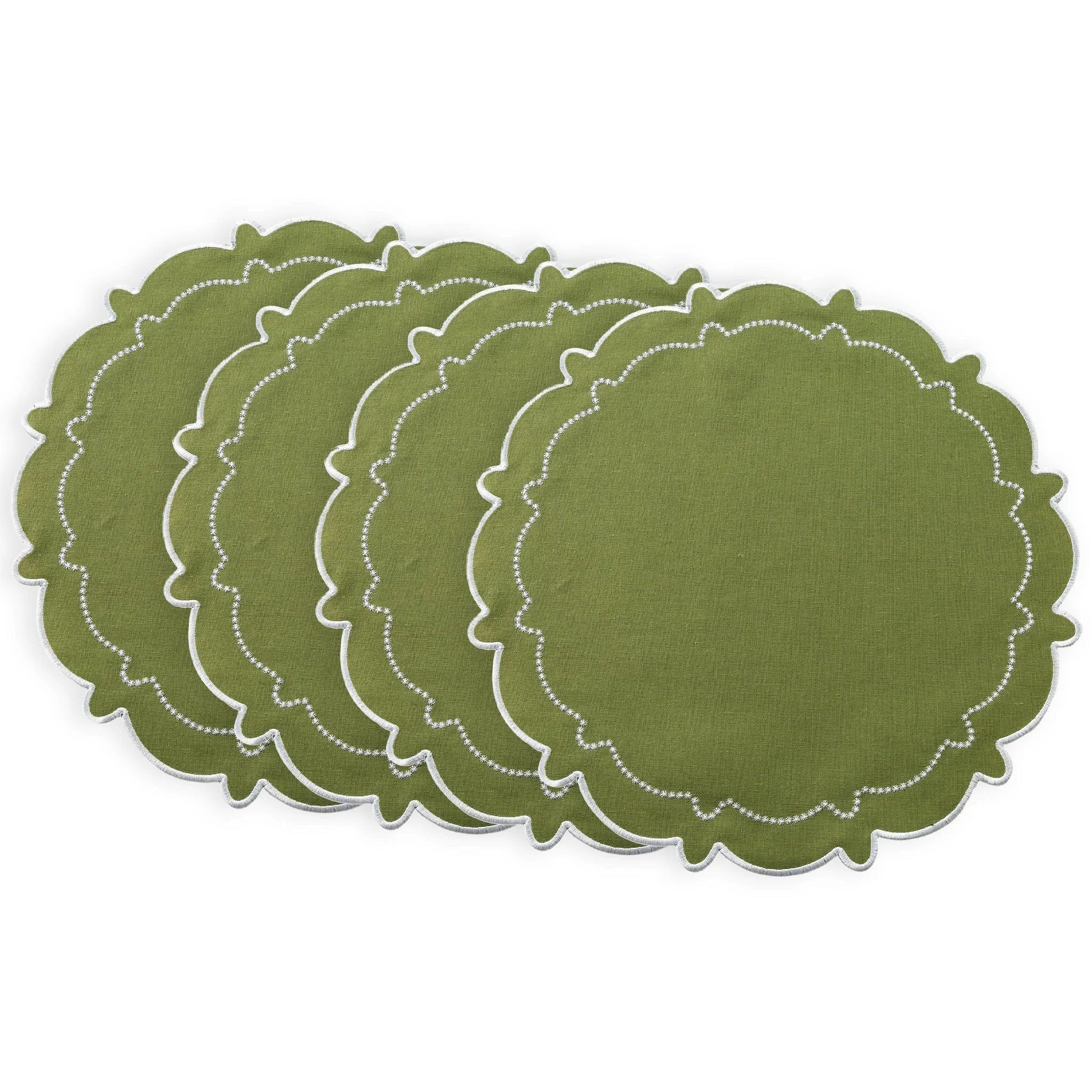 4pc/set Signature Scallop Placemats - Olive Green/White Trim
