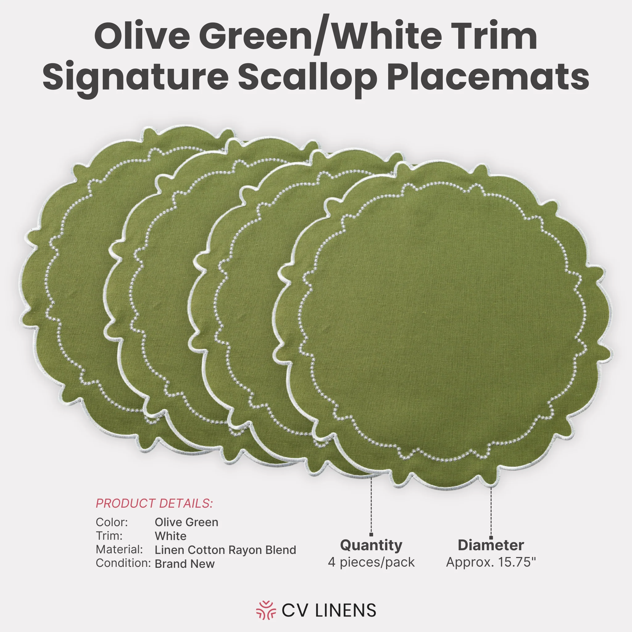 4pc/set Signature Scallop Placemats - Olive Green/White Trim - Image 3
