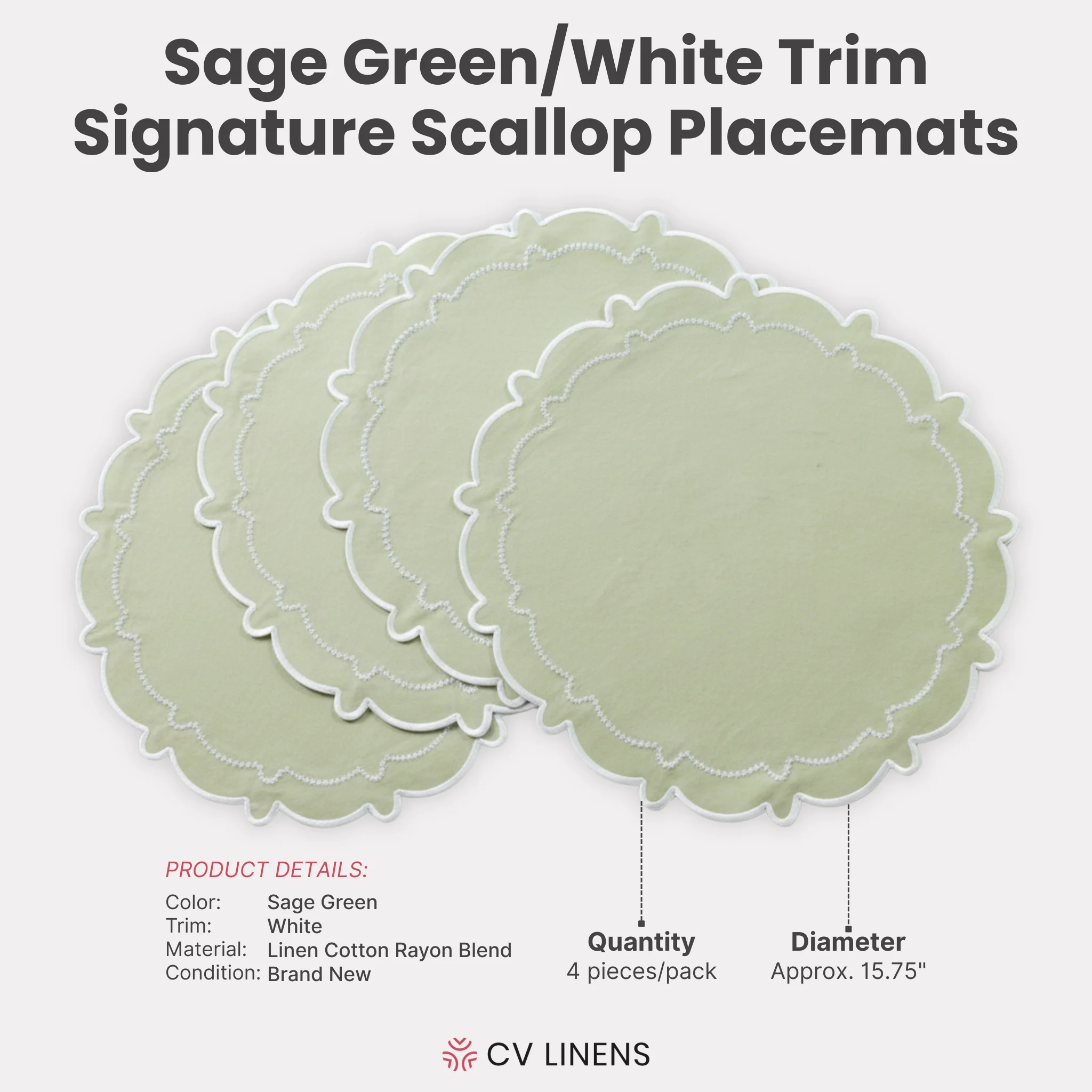 4pc/set Signature Scallop Placemats - Sage Green/White Trim - Image 4