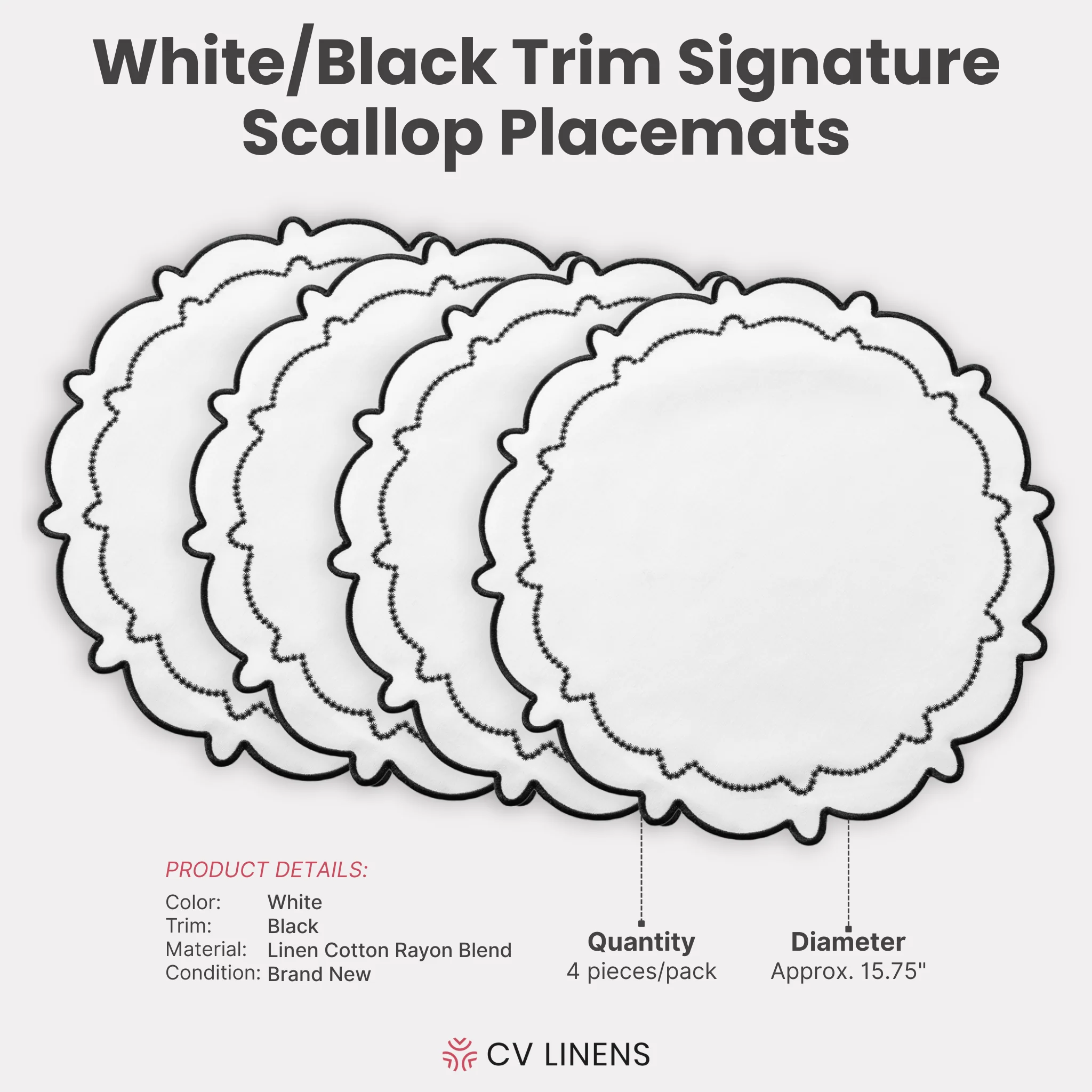 4pc/set Signature Scallop Placemats - White/Black Trim - Image 4