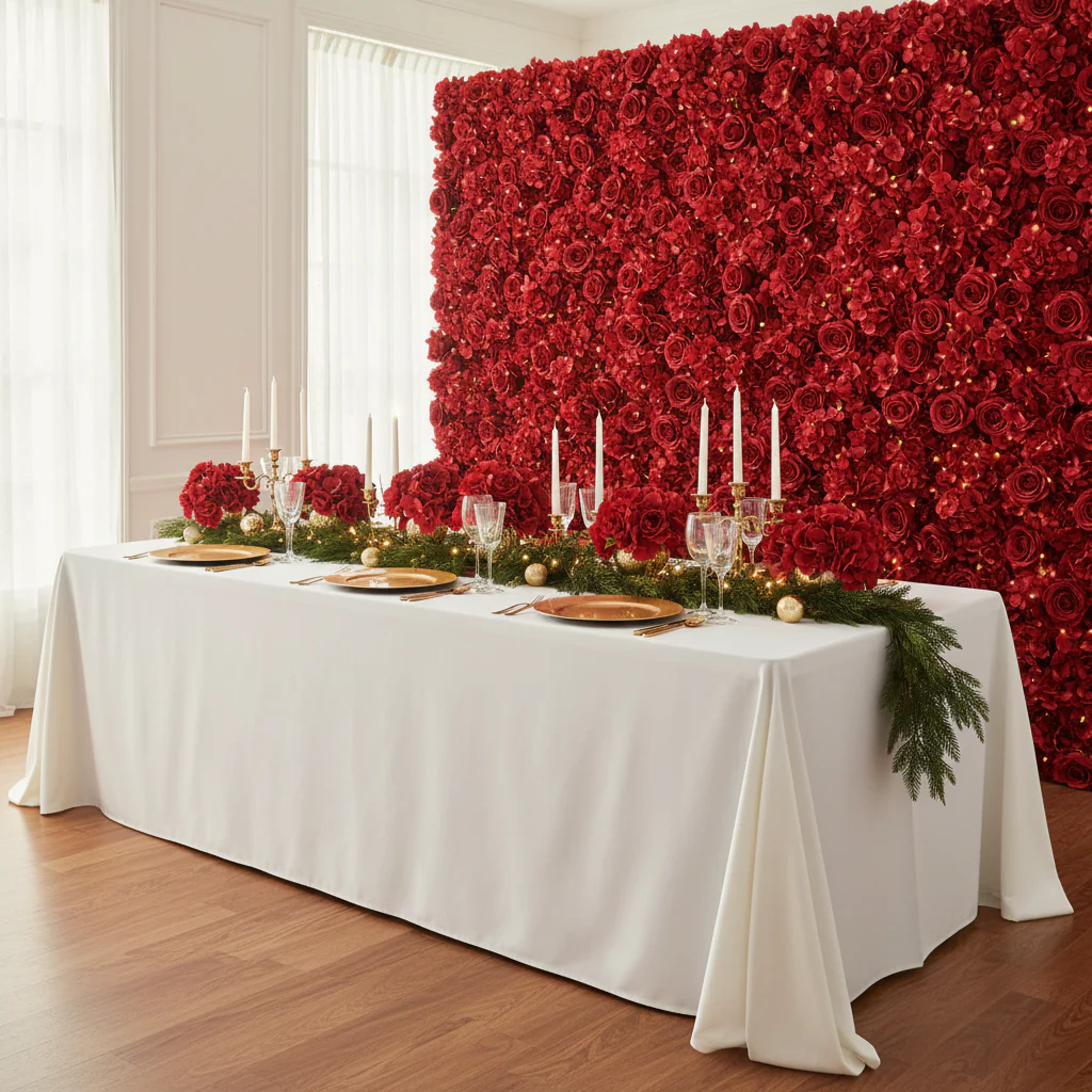 Silk Roses/Hydrangeas Flower Wall Backdrop Panel - Apple Red - Image 2