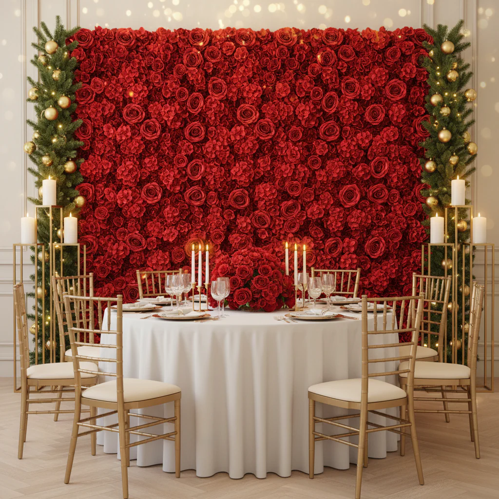 Silk Roses/Hydrangeas Flower Wall Backdrop Panel - Apple Red - Image 3