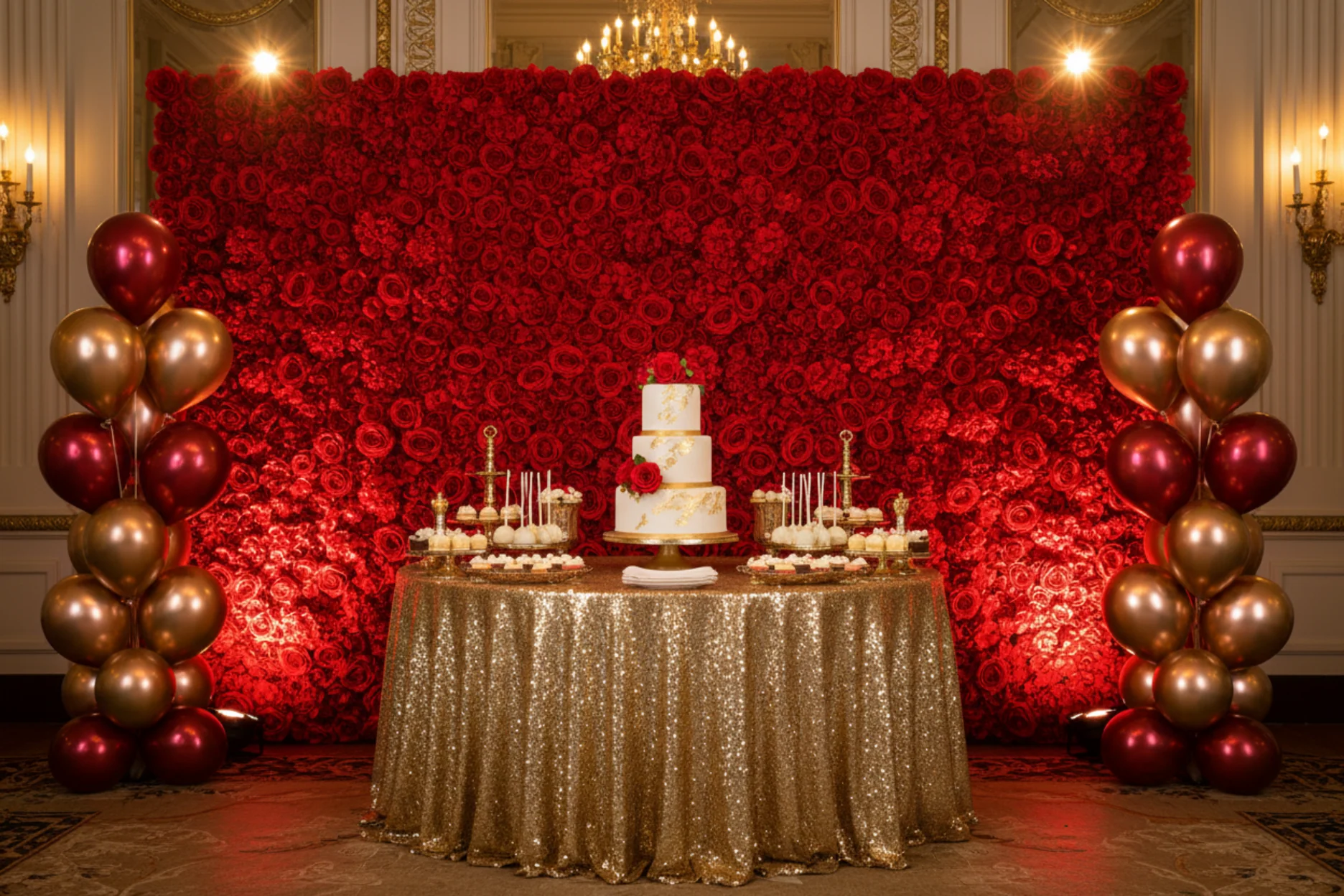 Silk Roses/Hydrangeas Flower Wall Backdrop Panel - Red - Image 10