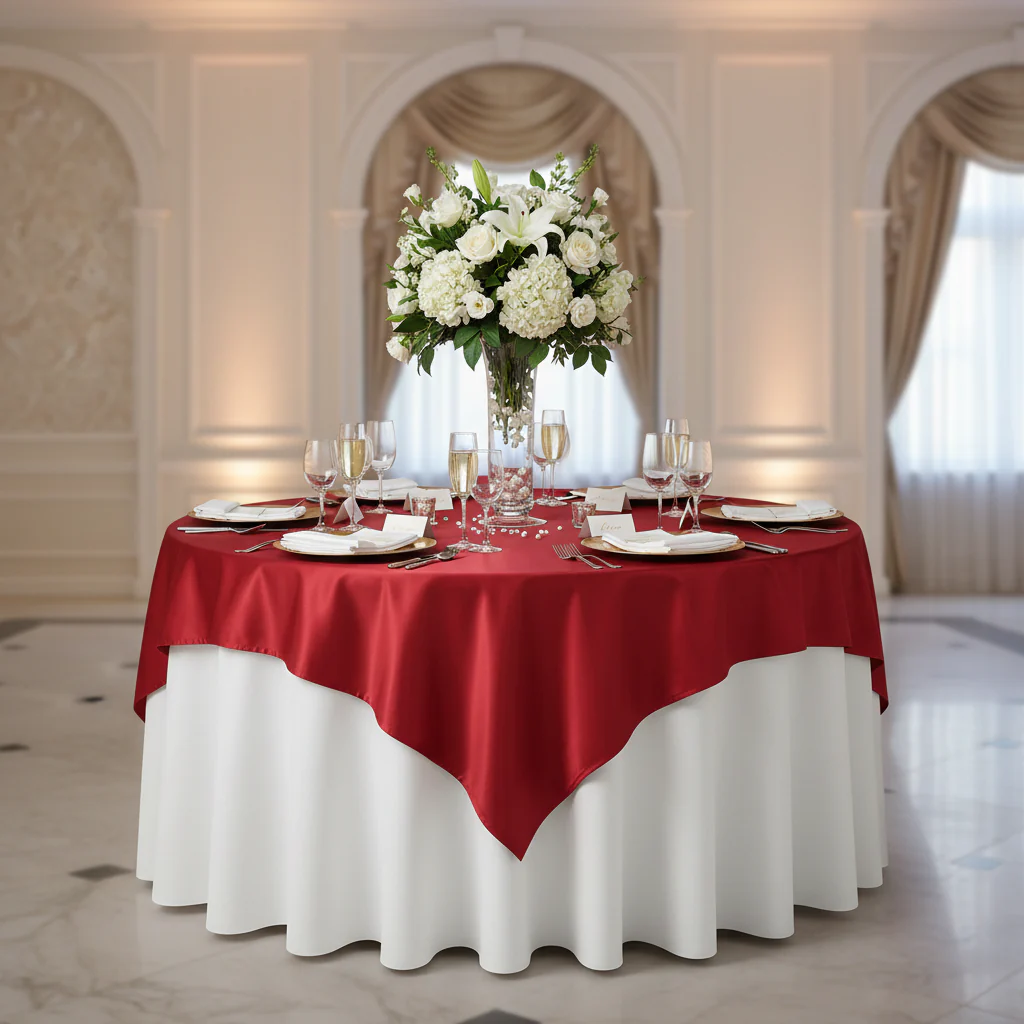 Square 72" Satin Table Overlay - Apple Red - Image 4
