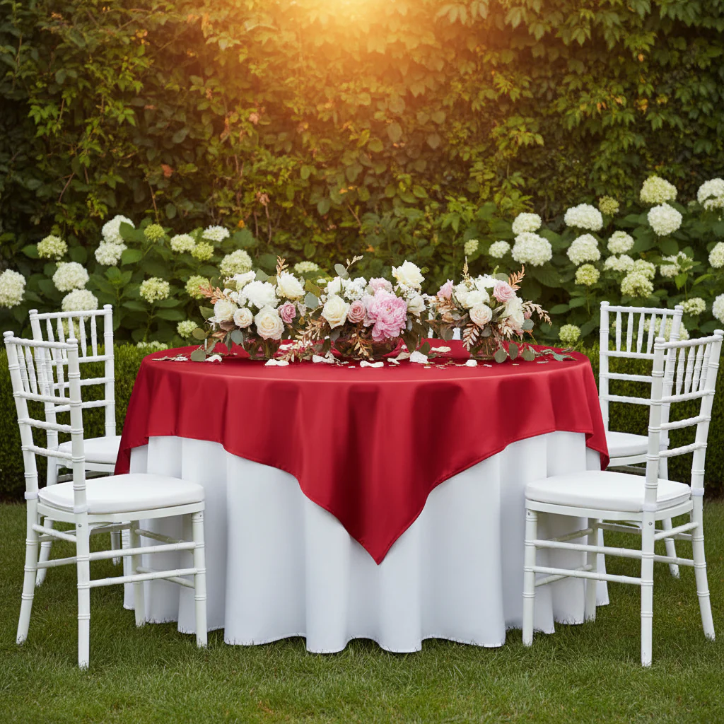 Square 72" Satin Table Overlay - Apple Red - Image 5
