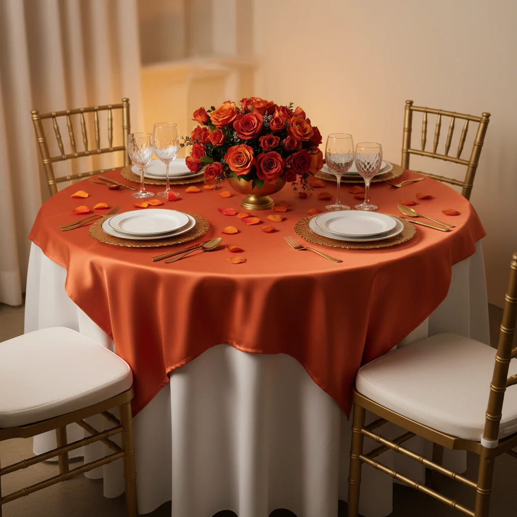 Square 72" Satin Table Overlay - Burnt Orange - Image 5