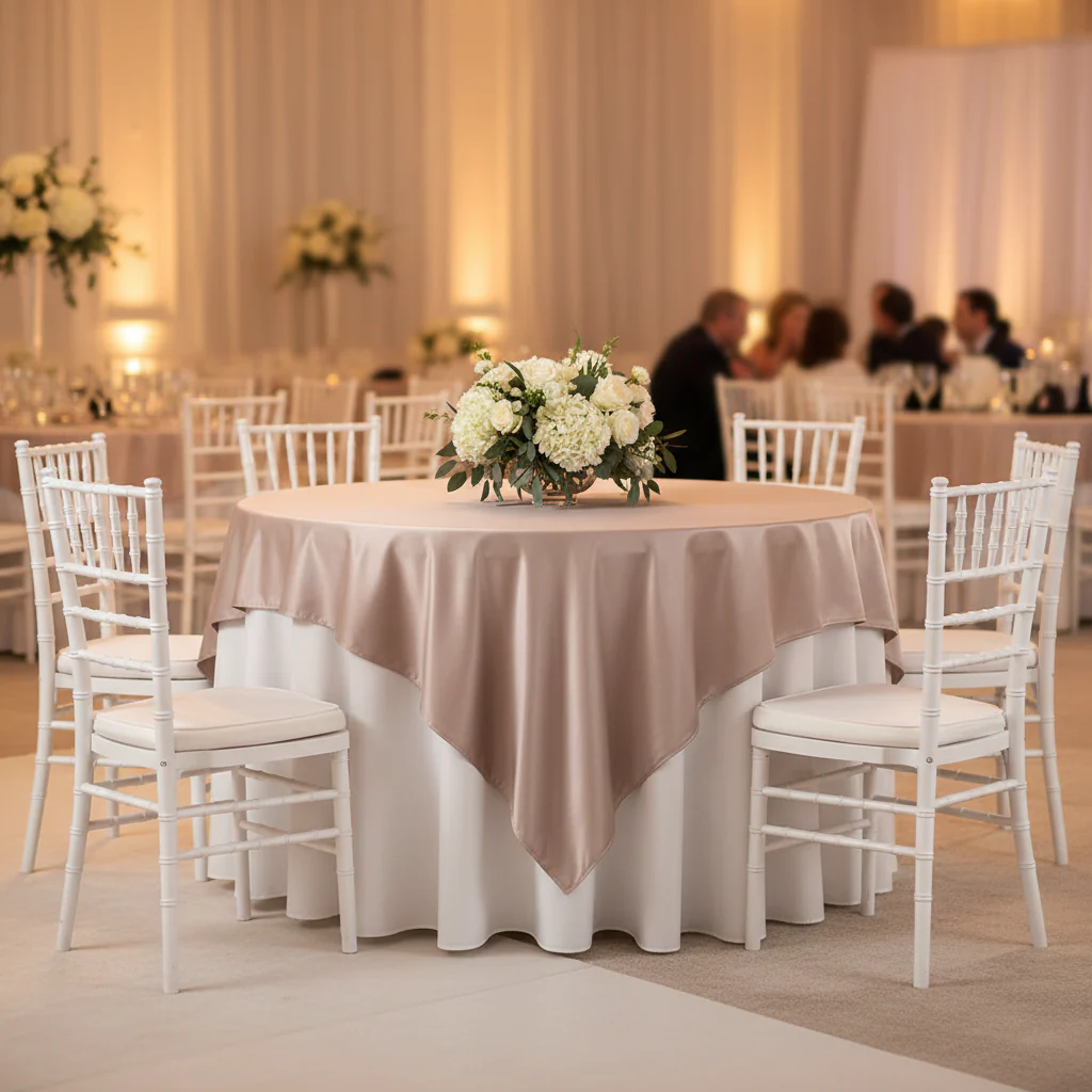 Square 90"x90" Lamour Satin Table Overlay - Taupe - Image 2