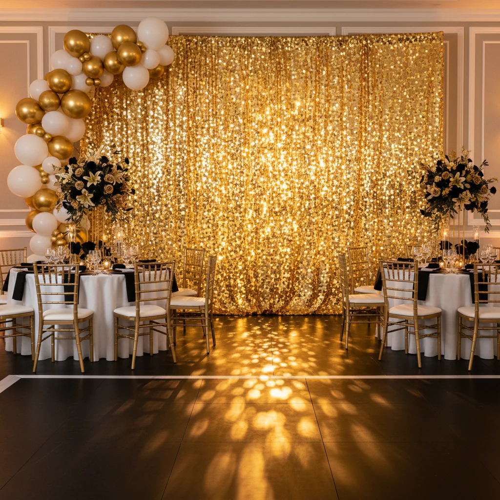 Square Payette Sequin 12ft H x 52" W Drape/Backdrop panel - Gold - Image 5